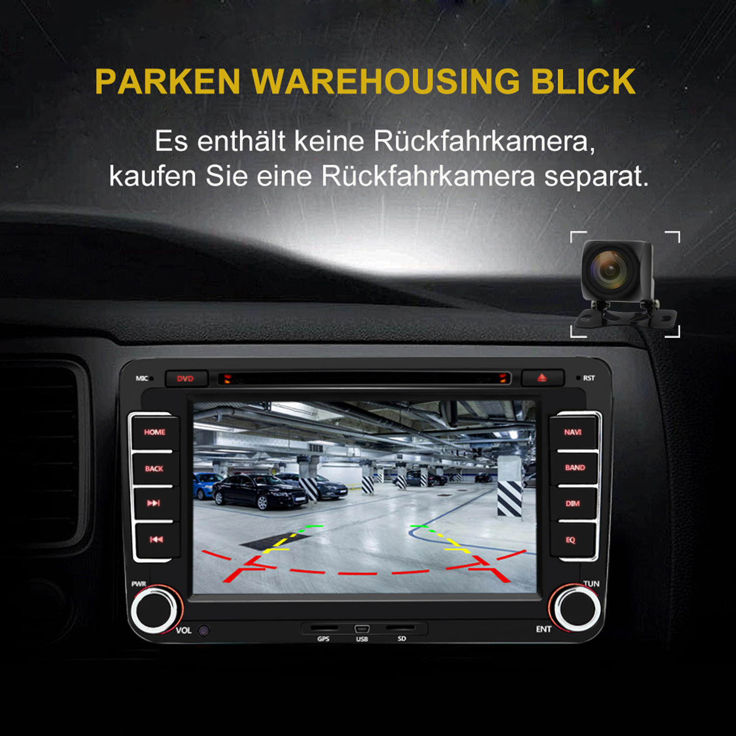 Das Armaturenbrett eines Autos mit einem Bildschirm, der eine Parkhausansicht von einer Kamera zeigt.