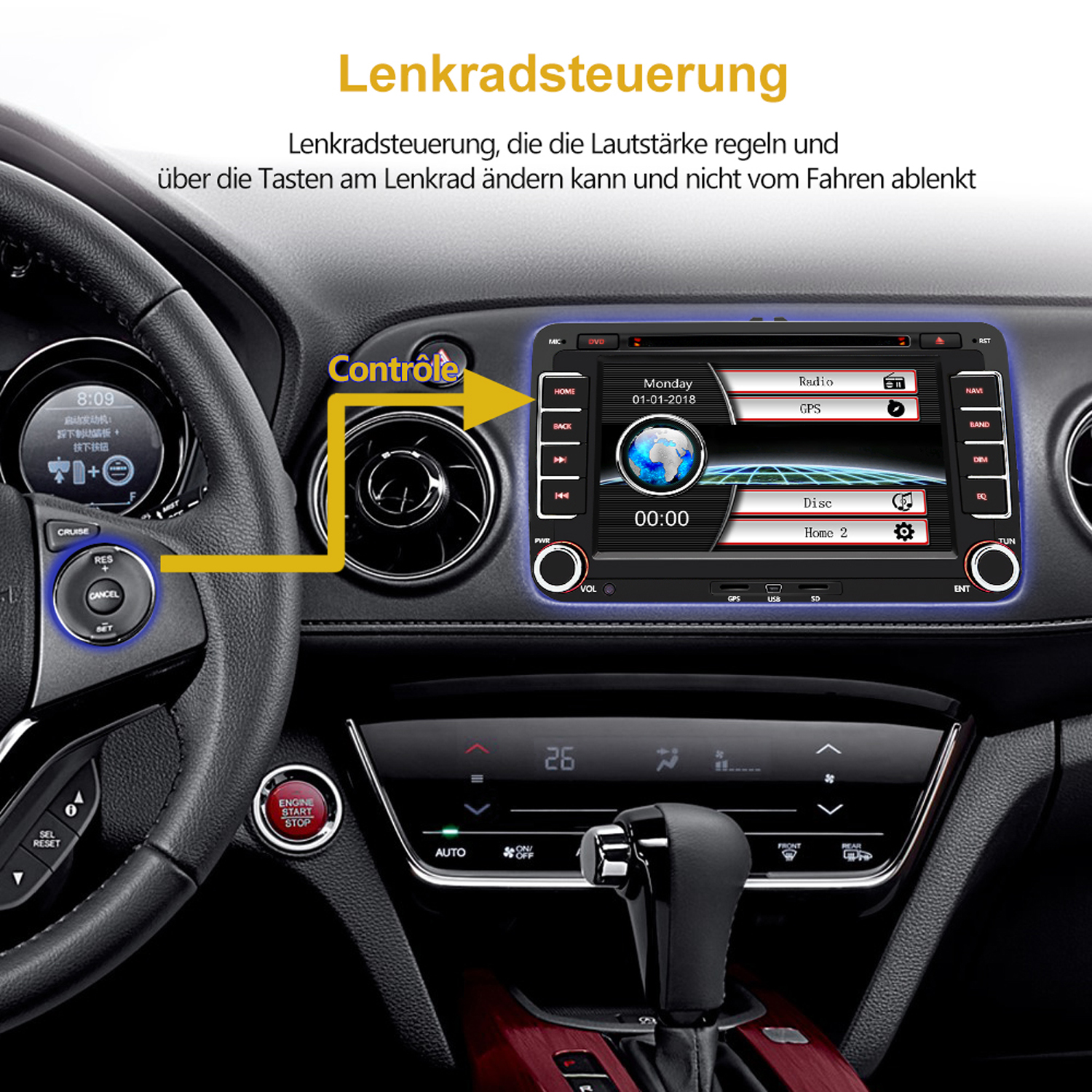 Autointerieur mit Armaturenbrett, Lenkrad und Touchscreen-Display mit Bedienelementen.