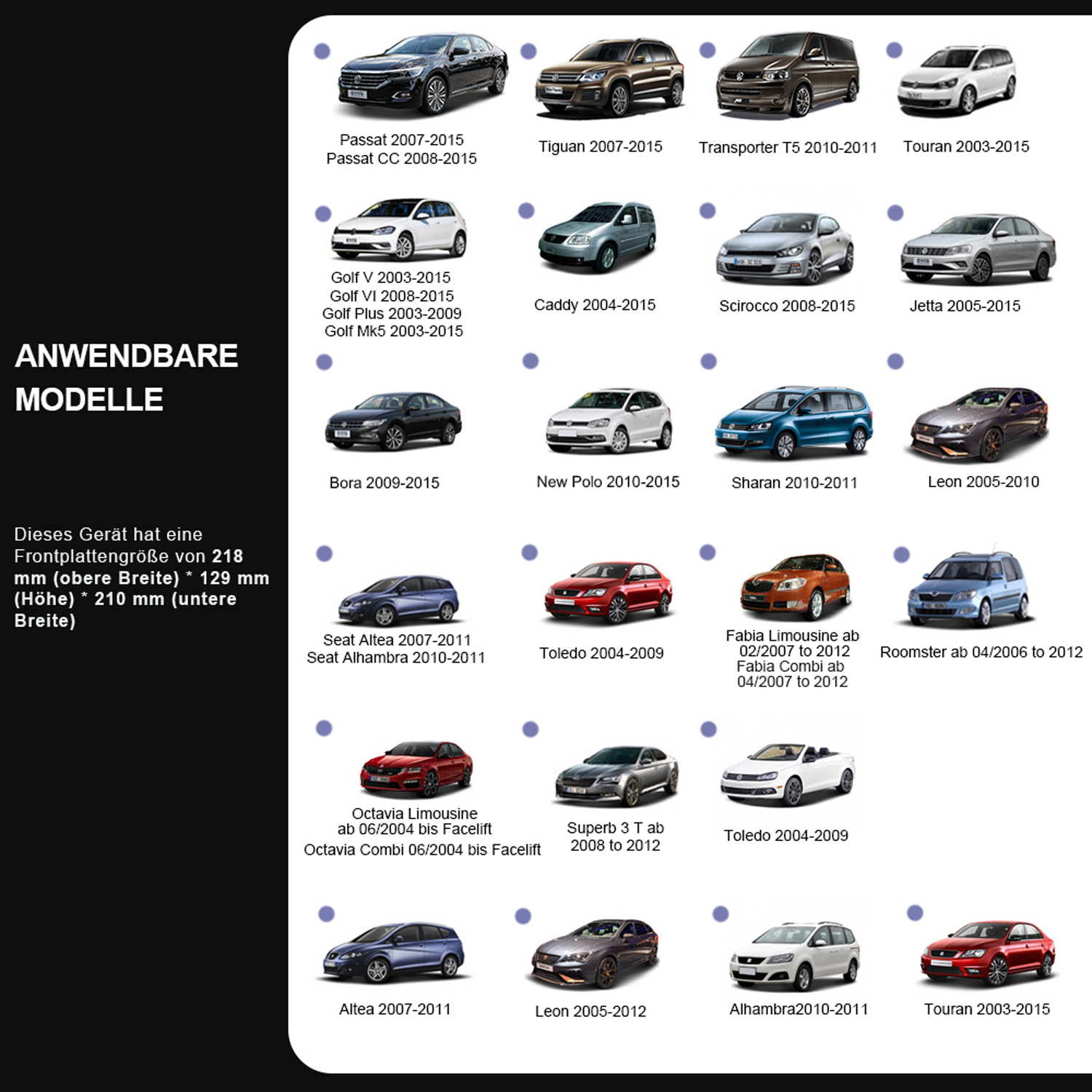 Sammlung von Autos auf weißem Hintergrund. Jedes Auto ist mit Modell und Jahr gekennzeichnet.