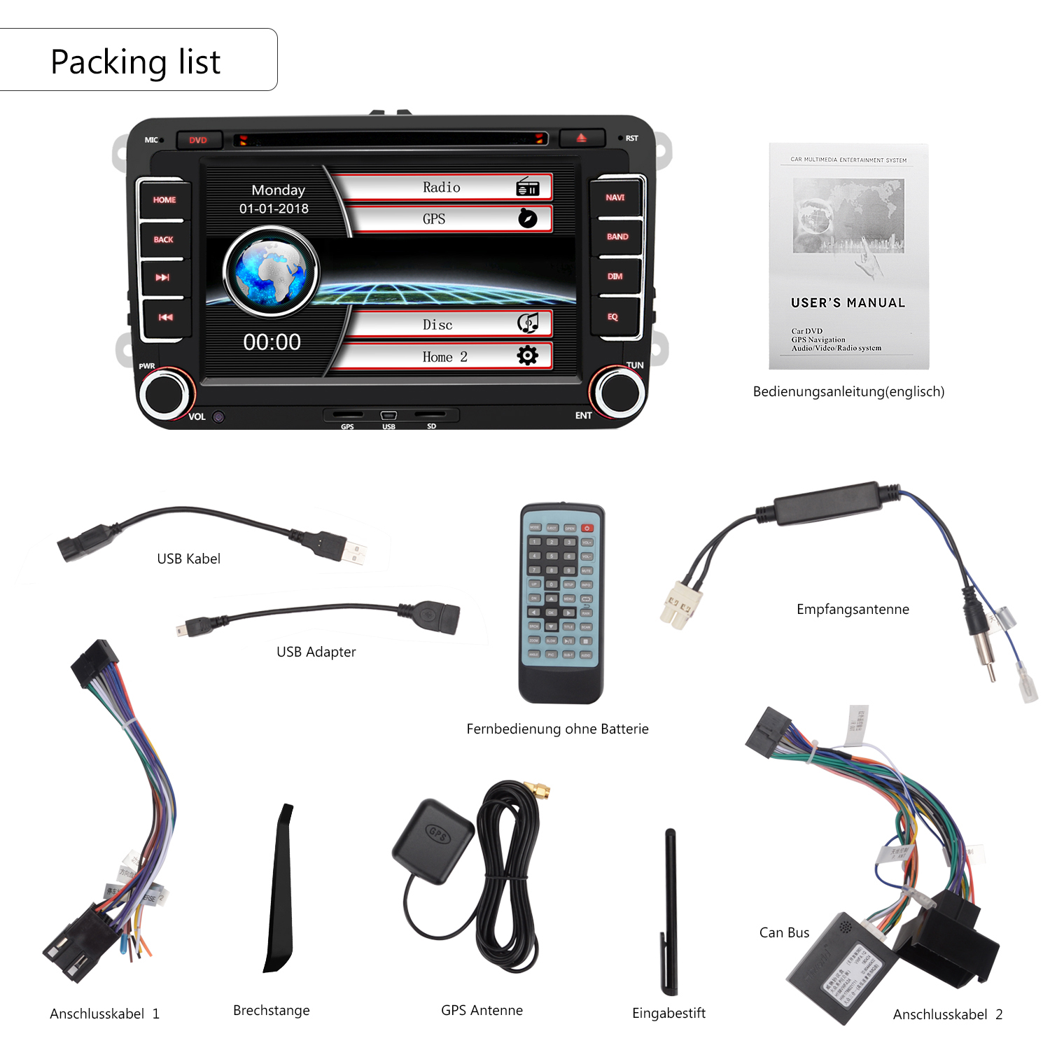 Packliste mit Komponenten für ein Auto-Multimedia-System, einschließlich Fernbedienung und Kabeln.