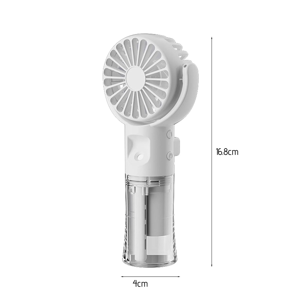 Ventilador de mano blanco con dimensiones. Tiene un mango y una rejilla con aspas blancas.