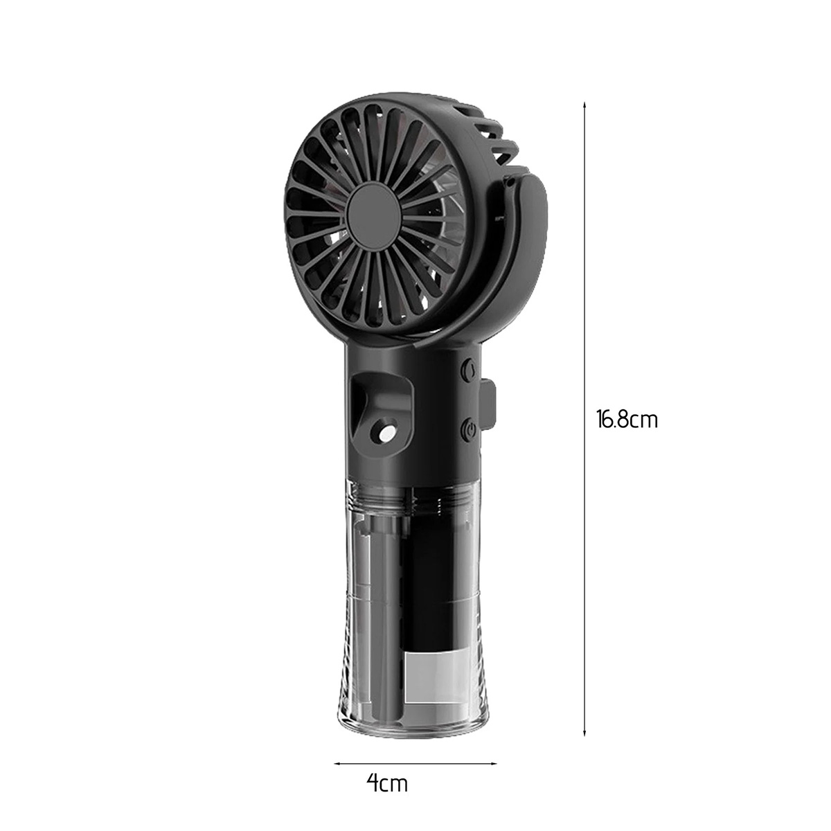 Ventilatore portatile nero e trasparente con dimensioni.