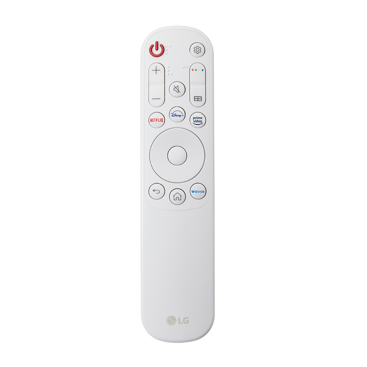 Weiße TV-Fernbedienung mit verschiedenen Tasten, darunter Netflix und Disney+.