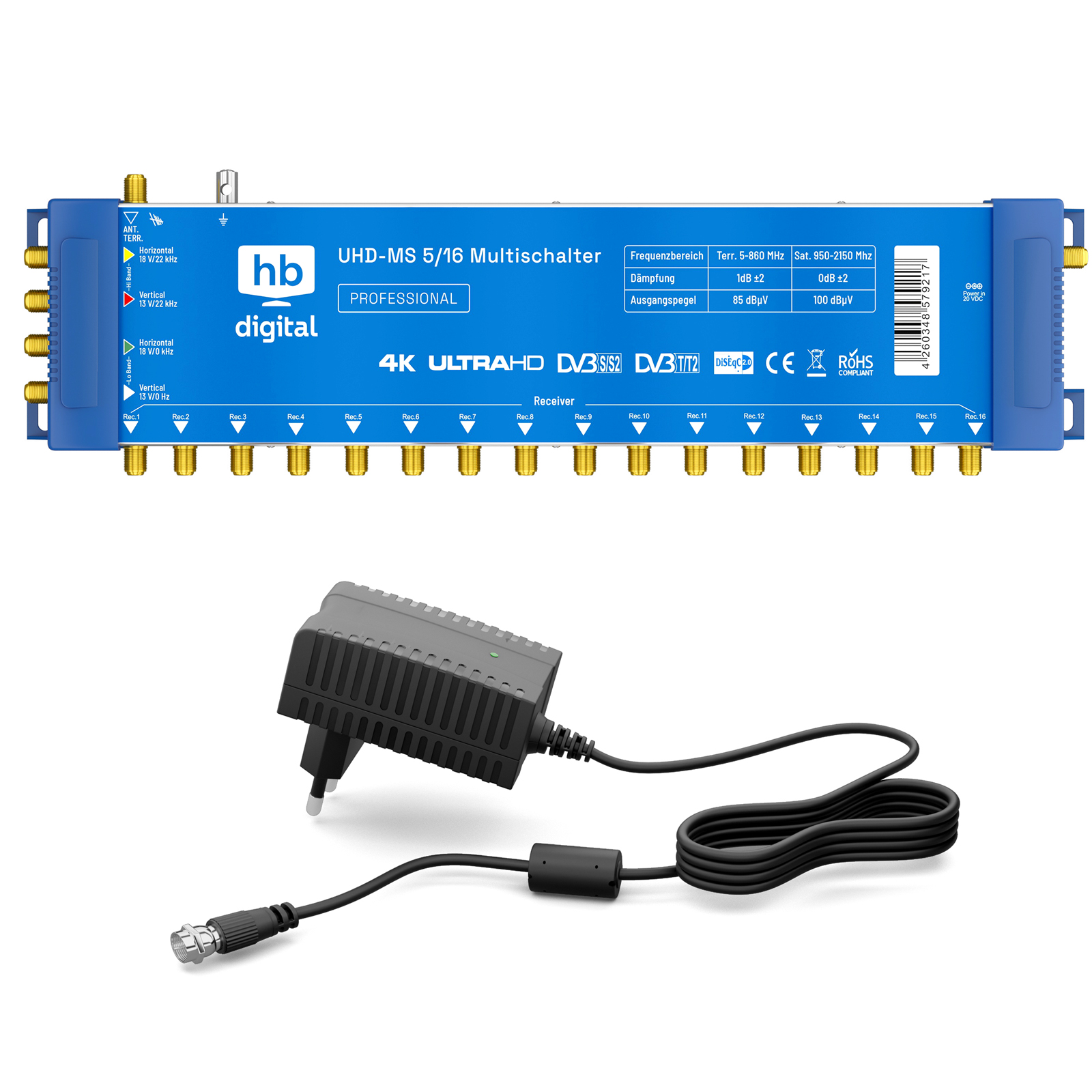 Blaues elektronisches Gerät mit mehreren Ein-/Ausgängen und Netzteil auf weißem Hintergrund.