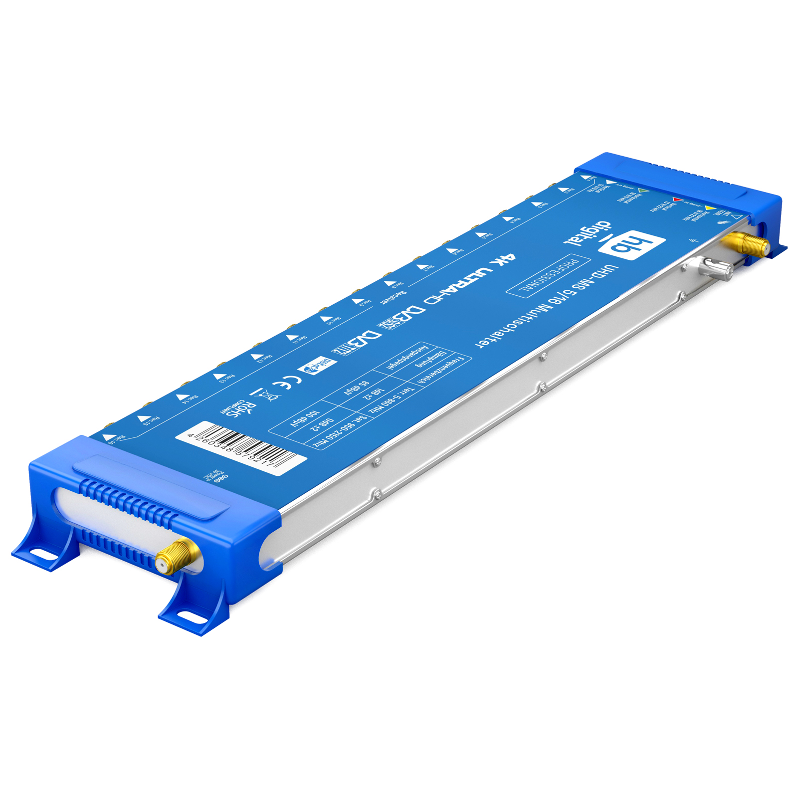 Blaues und silbernes HD-Digitalgerät. Es hat Anschlüsse und ein Etikett mit seinen Details.