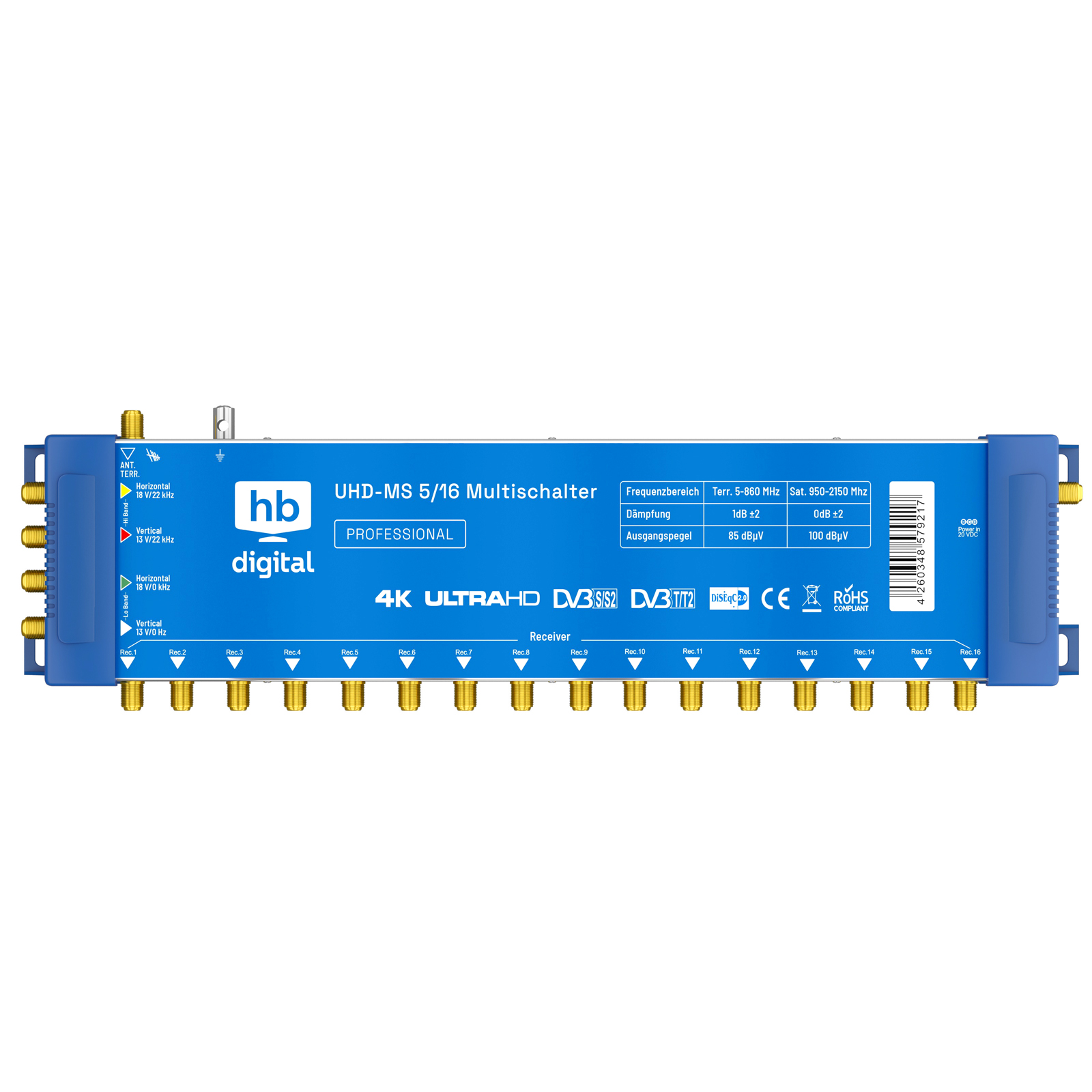 Blauer UHD-MS 5/16 Multiswitch mit goldenen Anschlüssen.