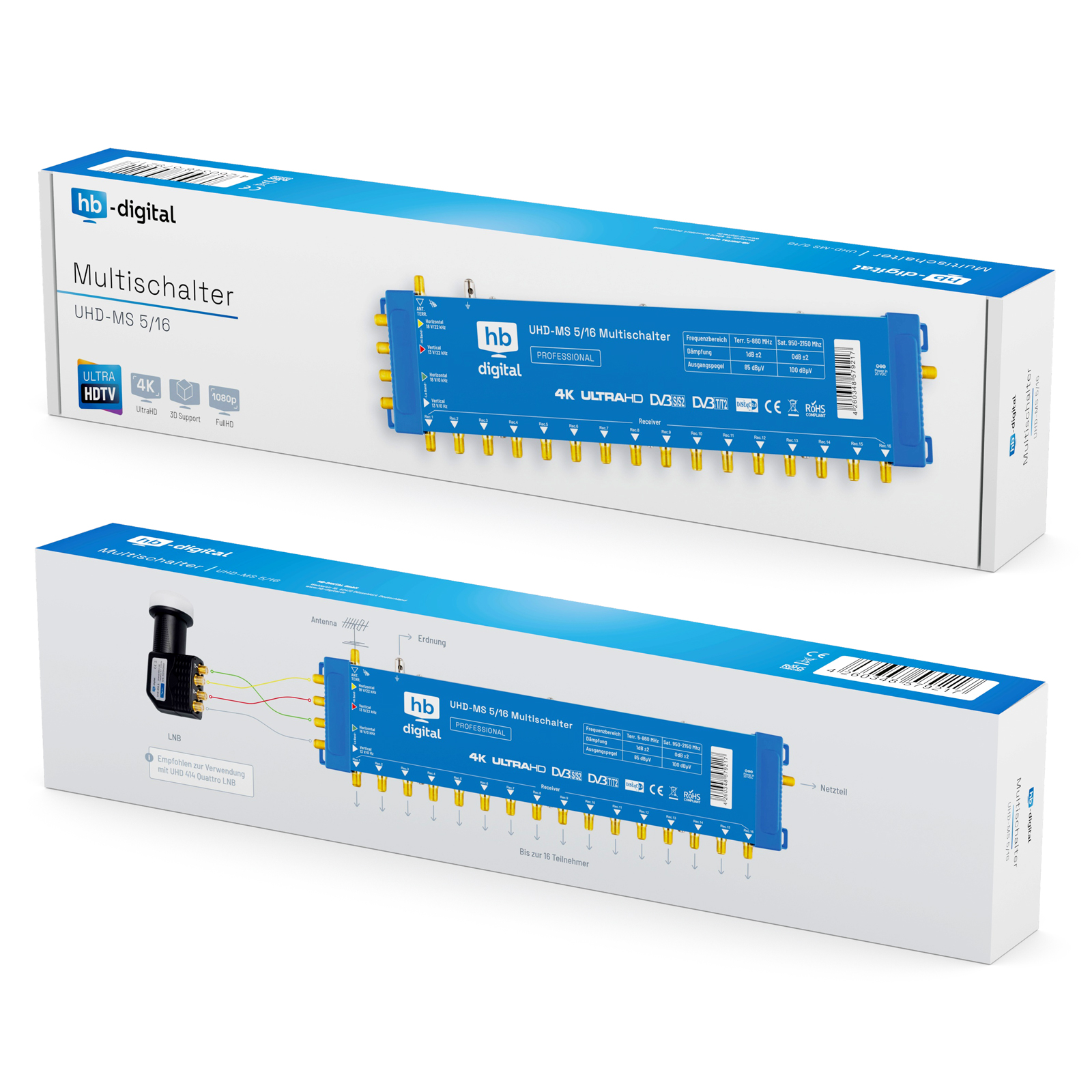 Produktbox für einen hb-digital UHD-MS 5/16 Multiswitch, mit Produktdetails.