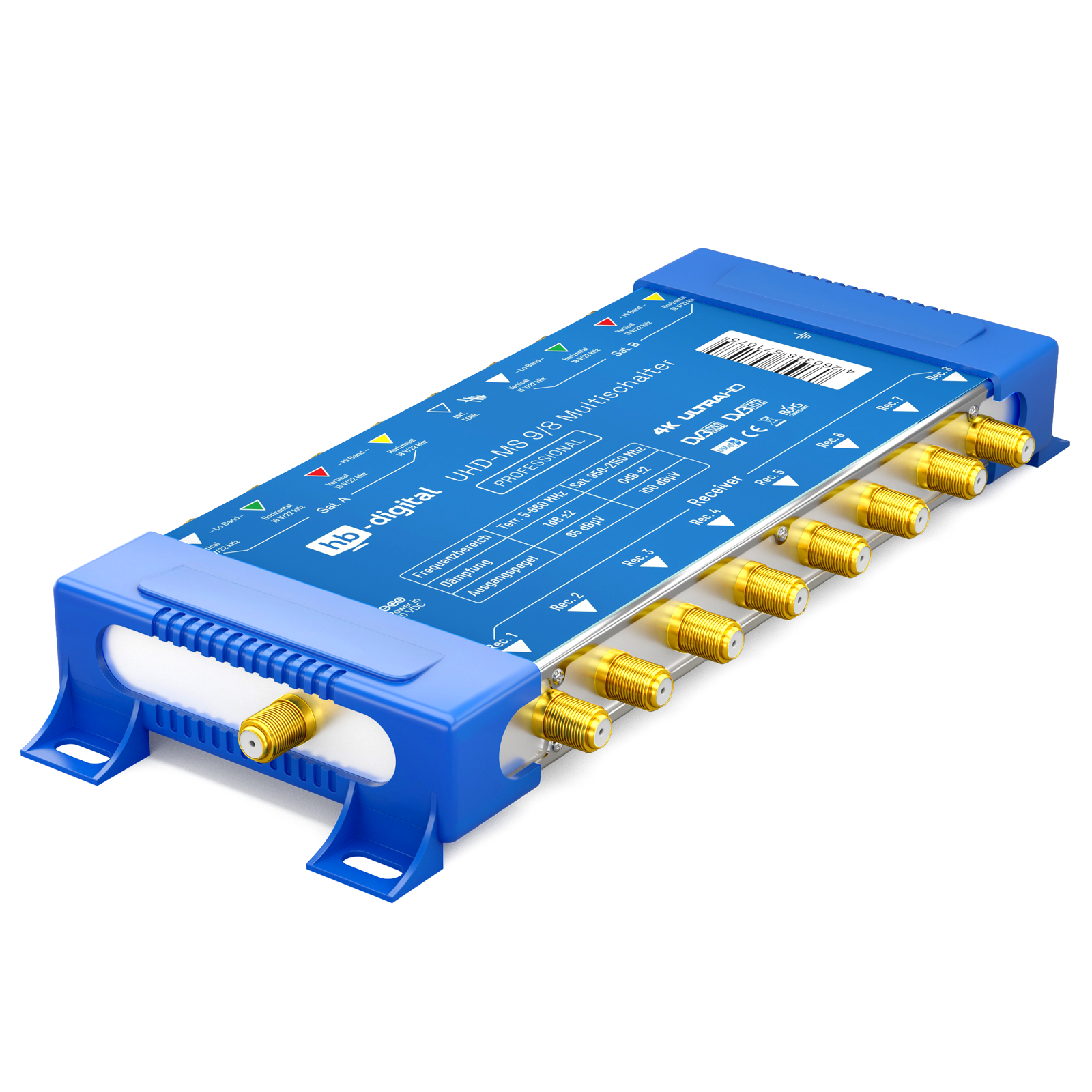 Ein blau-silbernes Multischaltergerät mit mehreren Eingangs- und Ausgangsanschlüssen.