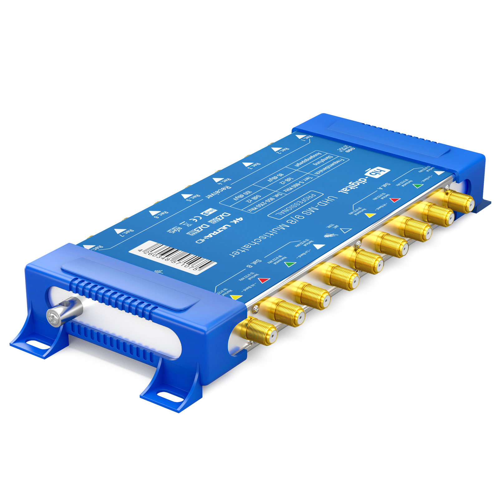 Ein blau-goldener digitales Signal-Splitter mit mehreren Eingangs- und Ausgangsanschlüssen. Weißer Hintergrund.