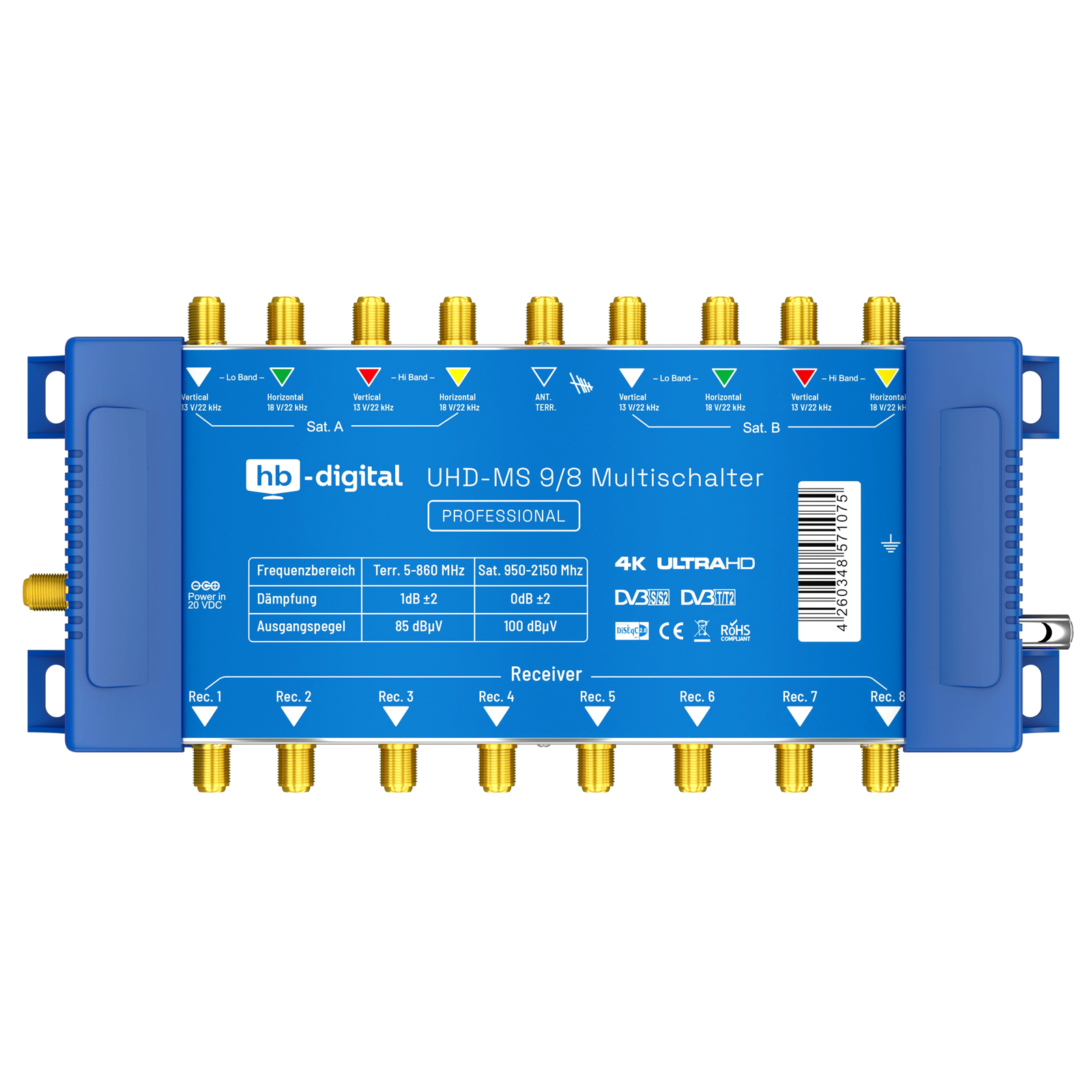Ein blauer hb-digital UHD-MS 9/8 Multiswitch-Empfänger mit goldfarbenen Anschlüssen und Beschriftungen.