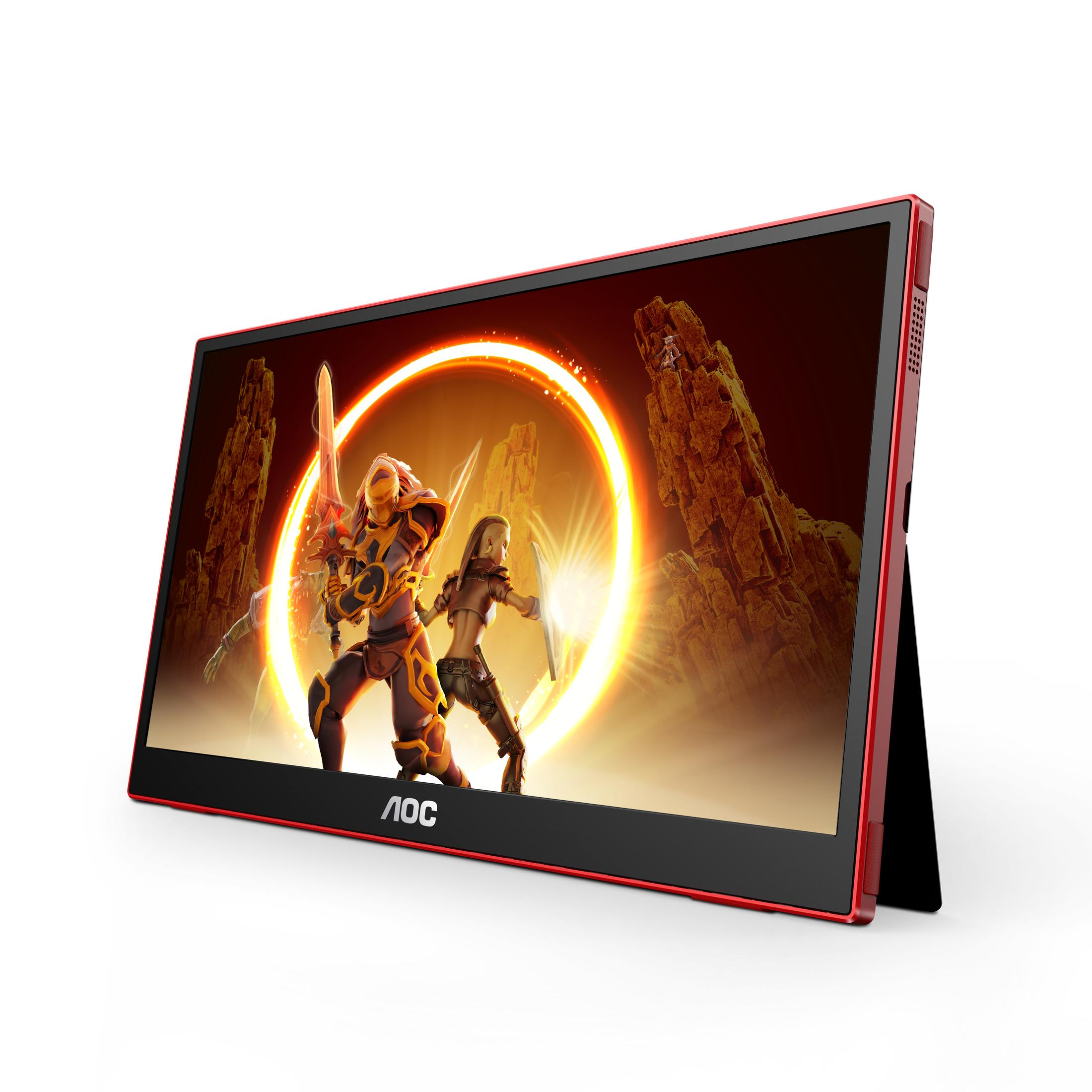 Monitor da gioco rosso con scena di gioco. Personaggi con spade.