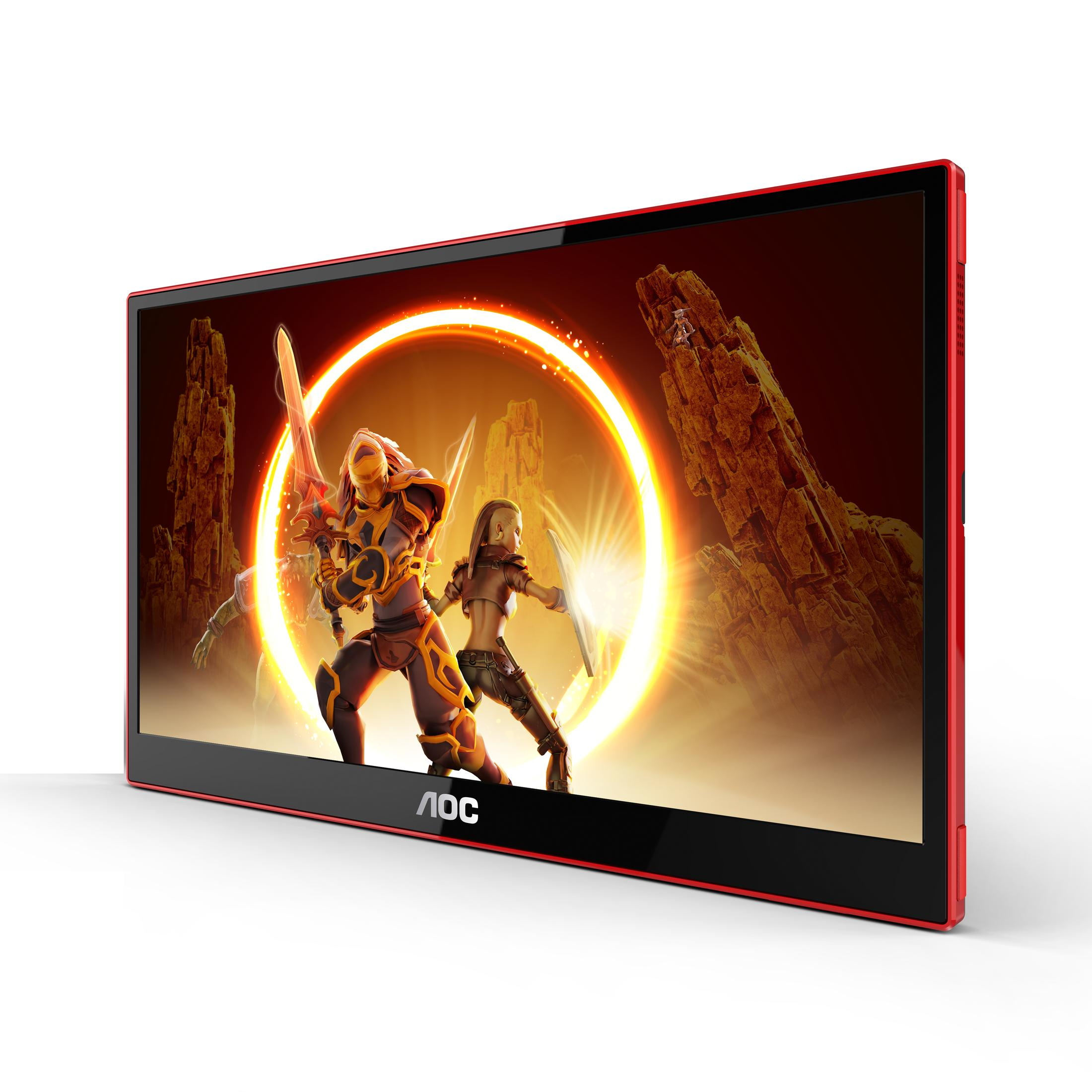 Monitor con cornice rossa che mostra una scena di videogioco.