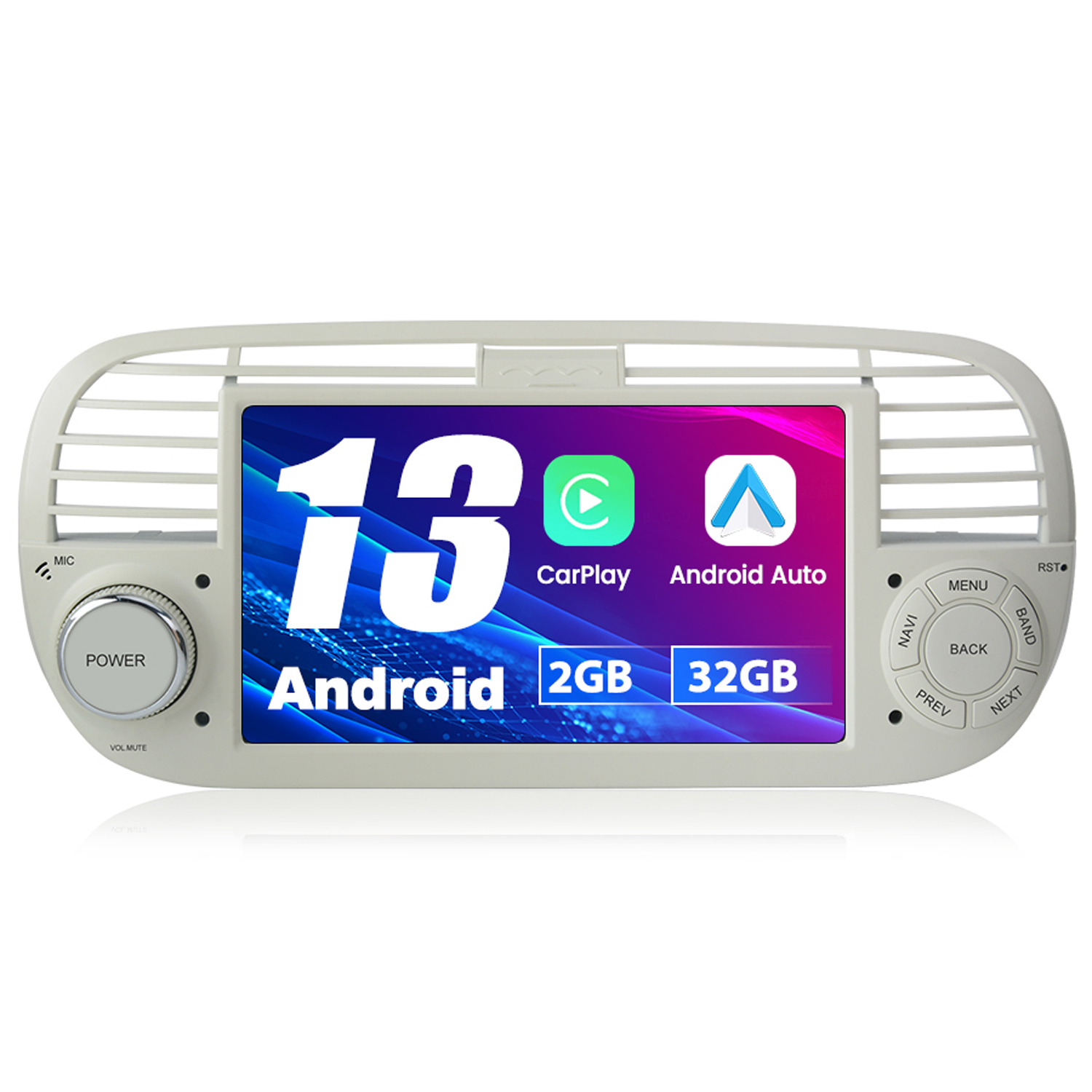 Autoradio mit Touchscreen, der Symbole und Text anzeigt. Weißes Gehäuse.