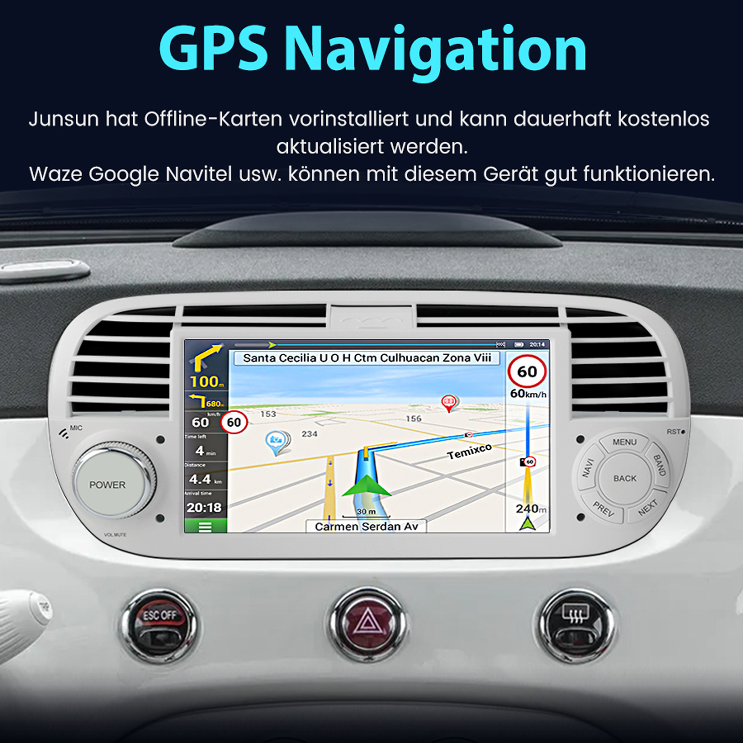 Auto-Armaturenbrett mit GPS-Navigation, Karte, Geschwindigkeit und Routeninformationen.