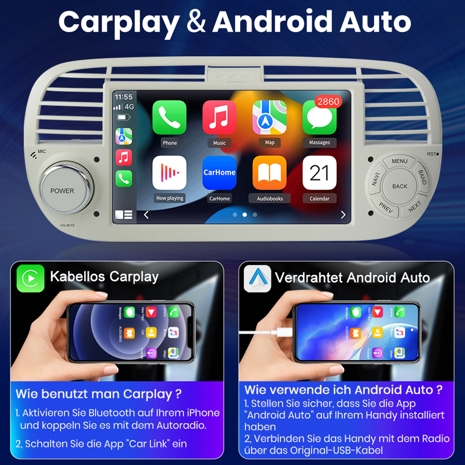 Ein Autoradio, das Telefon-Apps anzeigt, mit Diagrammen für CarPlay und Android Auto.