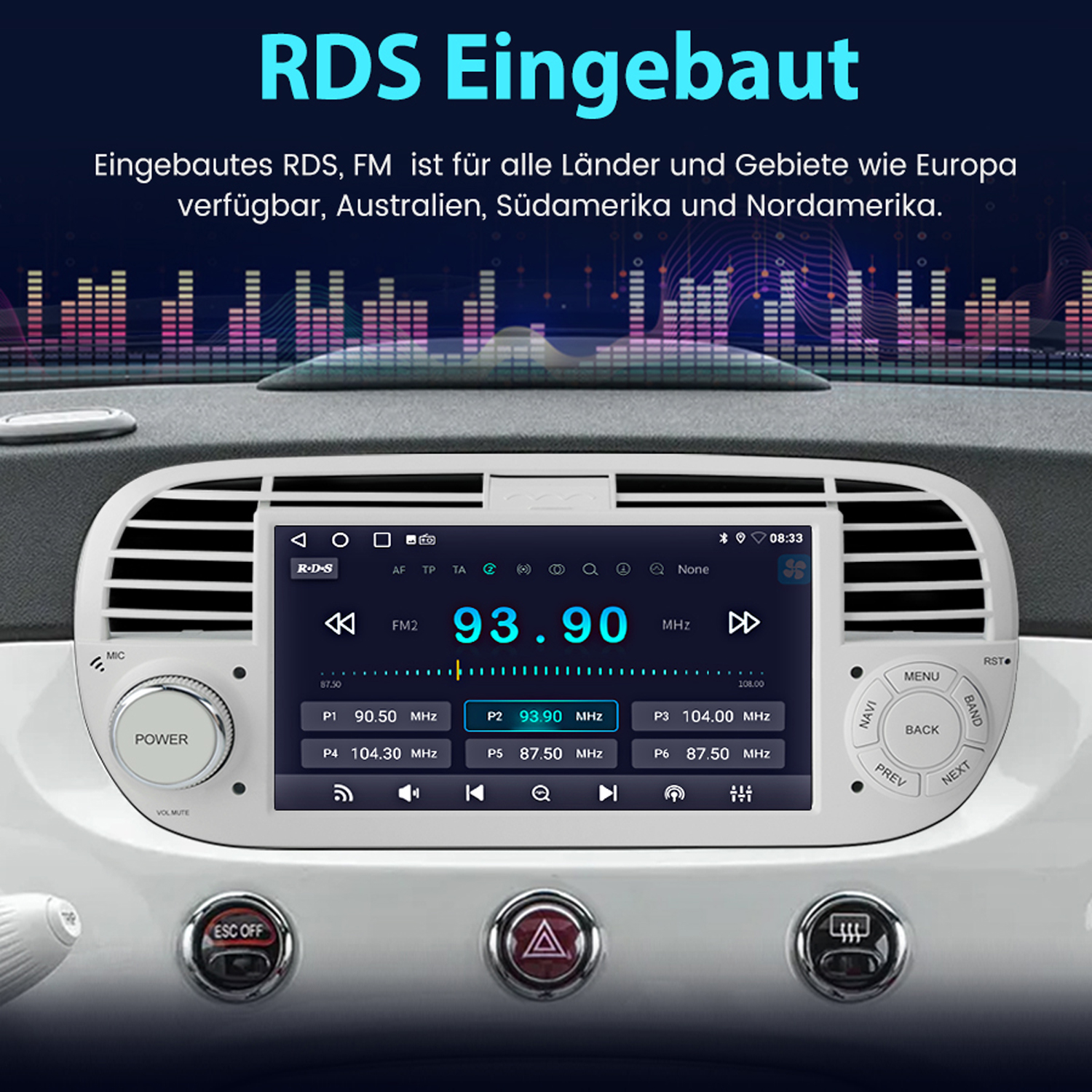 Autoradio mit RDS-Anzeige, die die UKW-Frequenz 93,90 MHz zeigt.