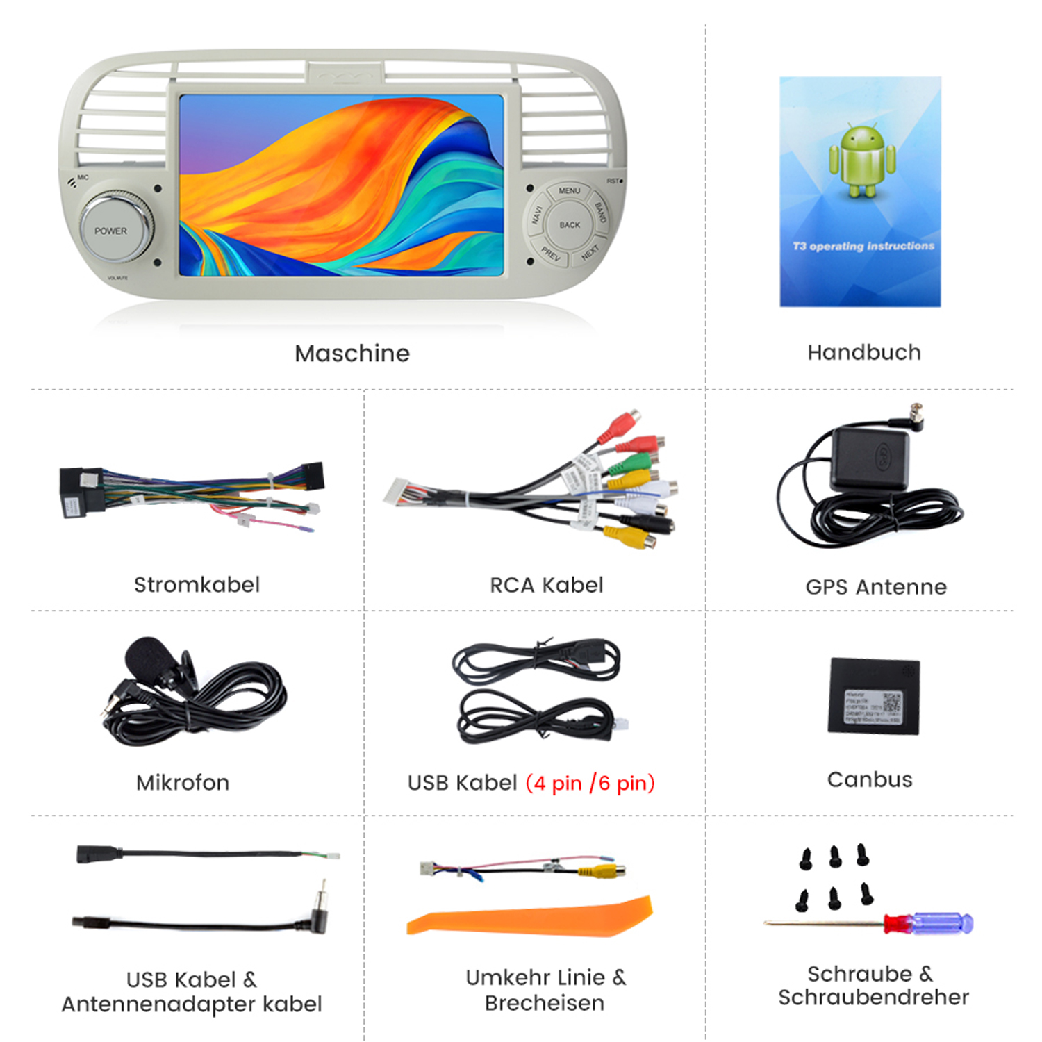 Ein Bildschirm für Autos mit Zubehör wie Kabel, Mikrofon und Schrauben.