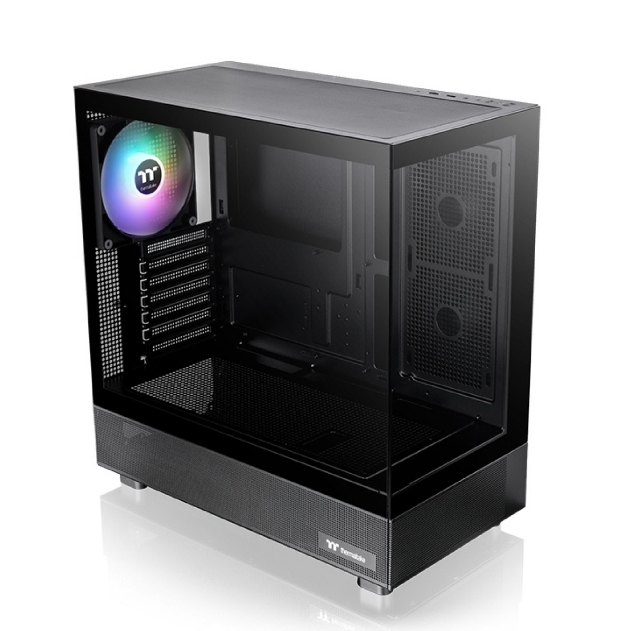 Case per computer nero con pannello laterale in vetro, ventola arcobaleno e chiara visione interna.