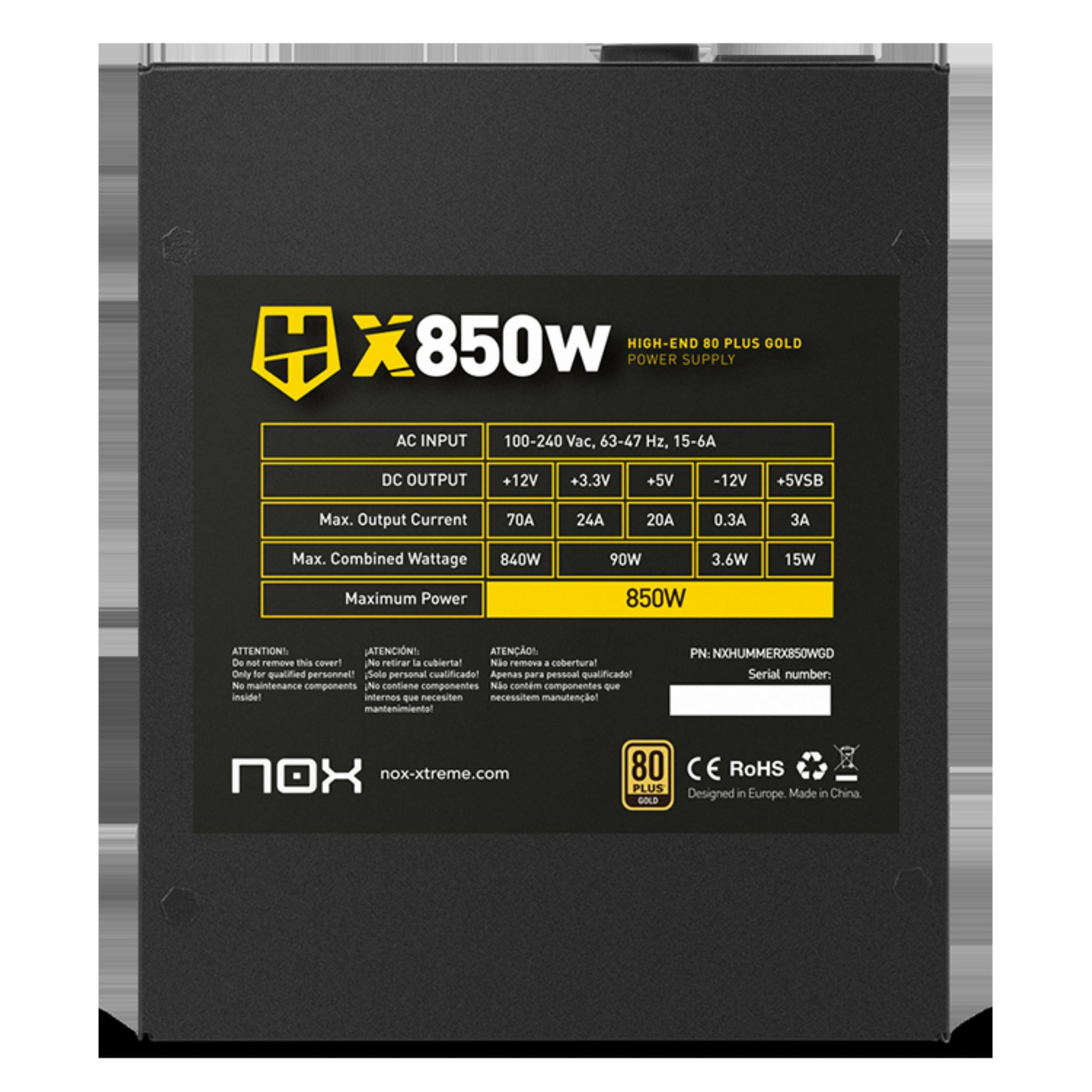 Un alimentatore nero. Ha un'etichetta con le specifiche e il logo 80+ Gold.