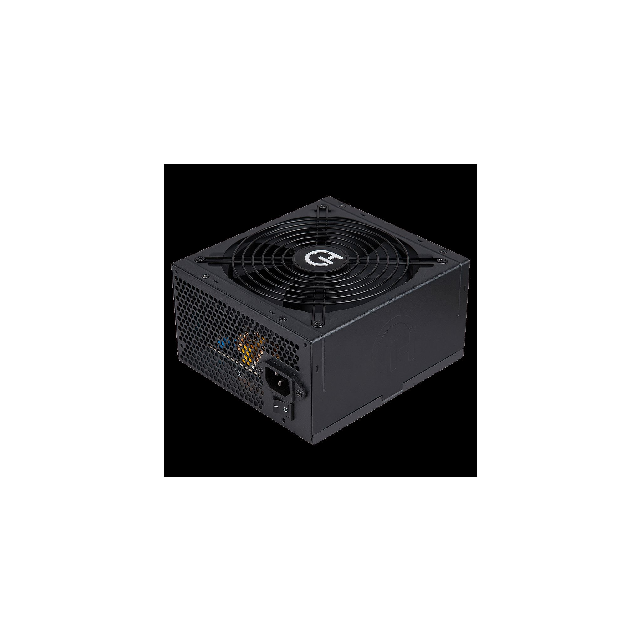 Czarny zasilacz z wentylatorem, portem zasilania i czarnym tłem.