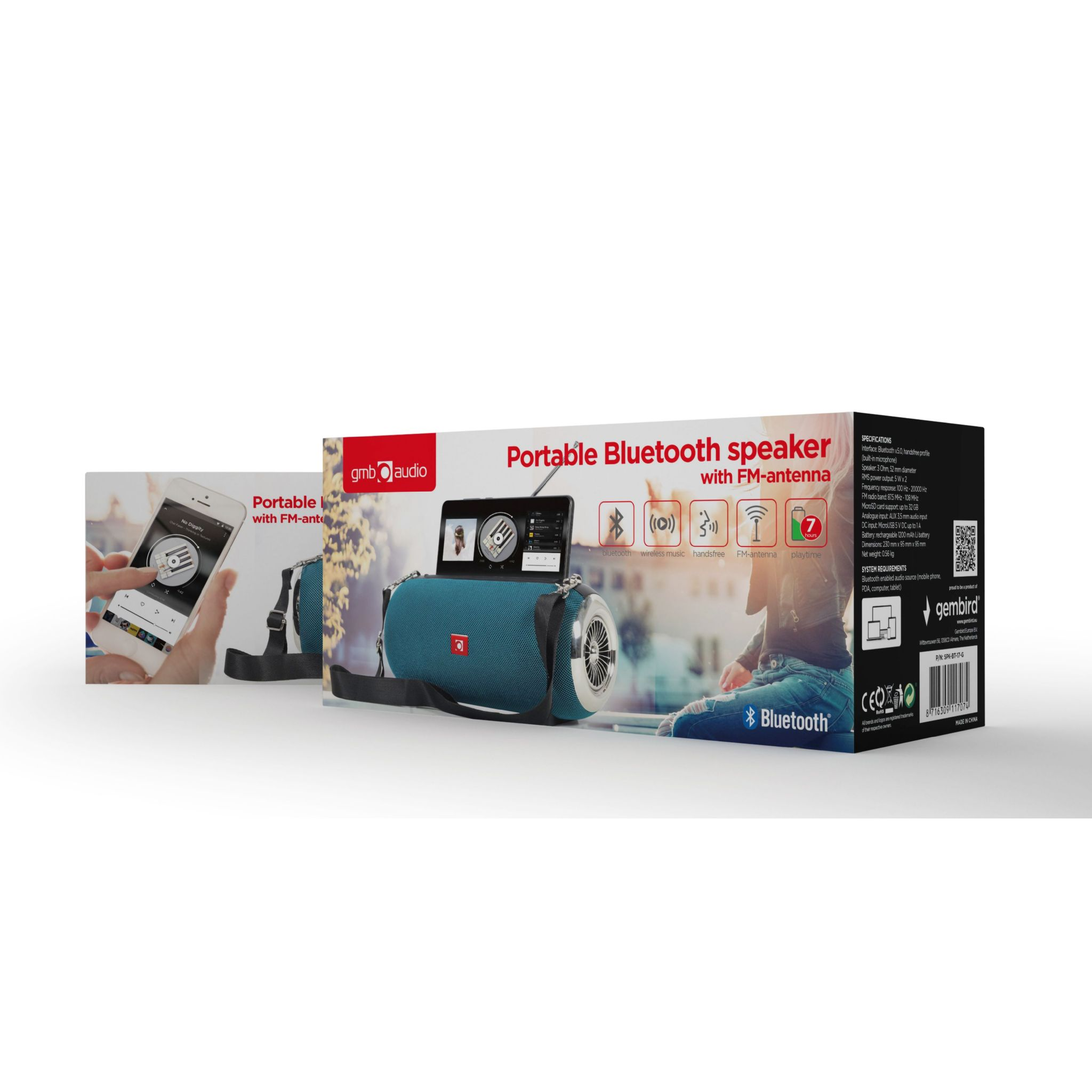 Przenośny głośnik Bluetooth z opakowaniem i smartfonem pokazującym aplikację.