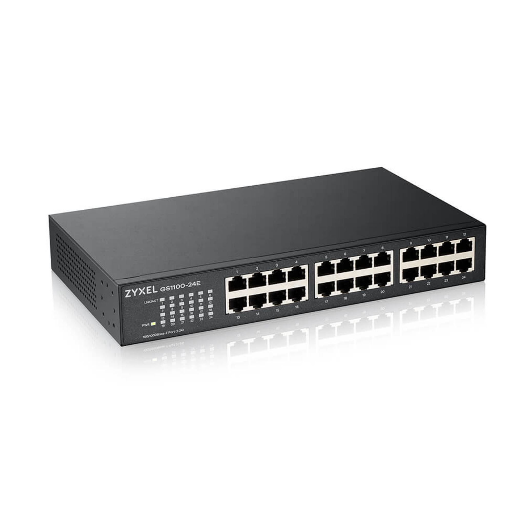 Schwarzer Zyxel-Netzwerk-Switch mit mehreren Anschlüssen, Draufsicht, auf weißem Hintergrund.