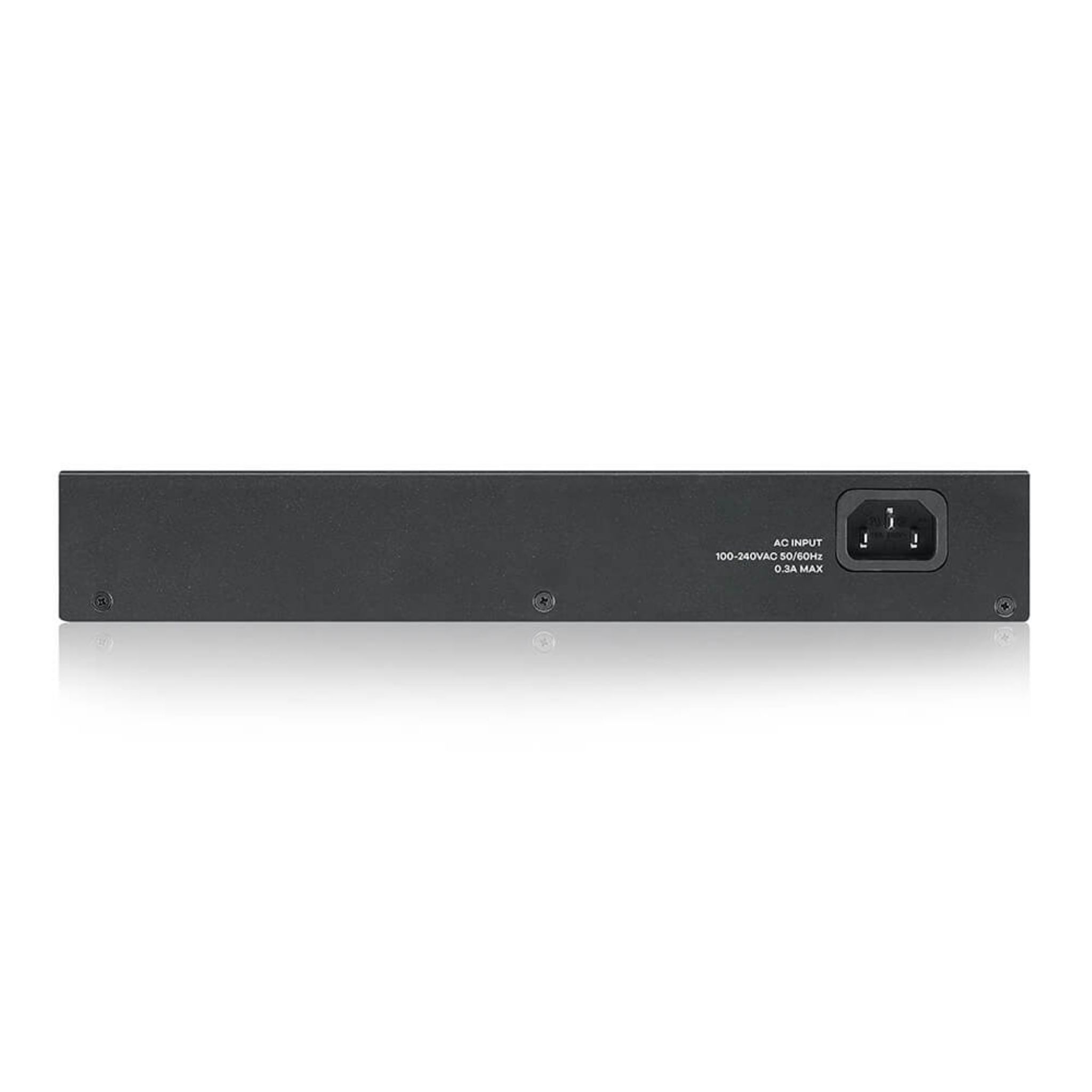 Schwarzer Netzwerk-Switch mit AC-Eingang und Stromanschlüssen auf der Rückseite.