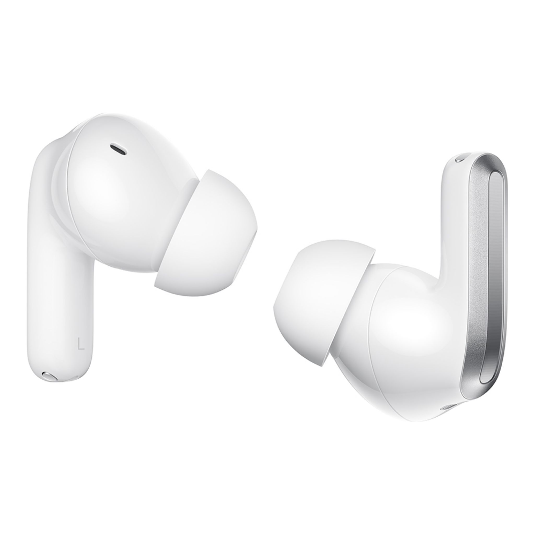 Due auricolari wireless bianchi, ciascuno con una forma arrotondata e una piccola apertura. Su una superficie bianca.