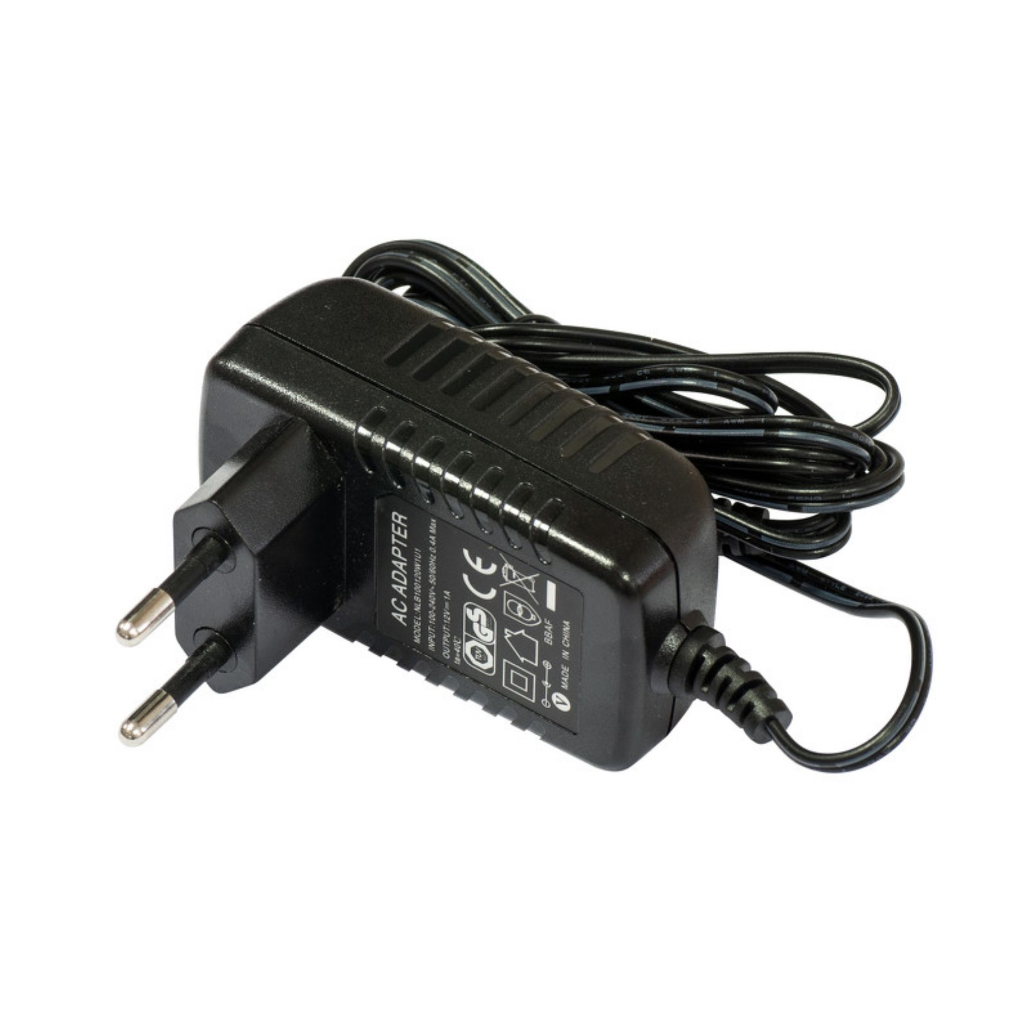 Un adaptador de CA negro con enchufe y cable, etiquetado como 'AC ADAPTER'.