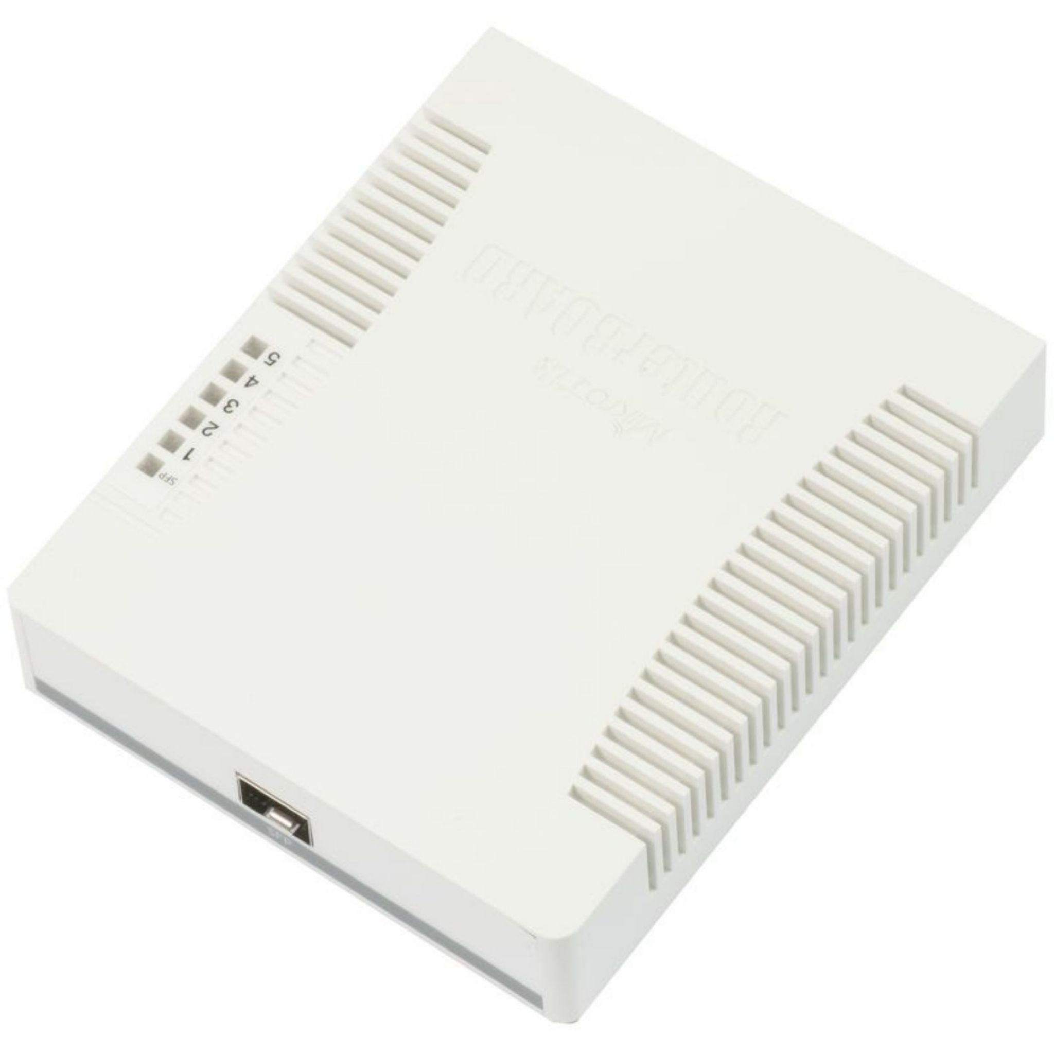 Router blanco con cinco luces numeradas en la parte superior y la palabra Routerboard escrita en el lateral.