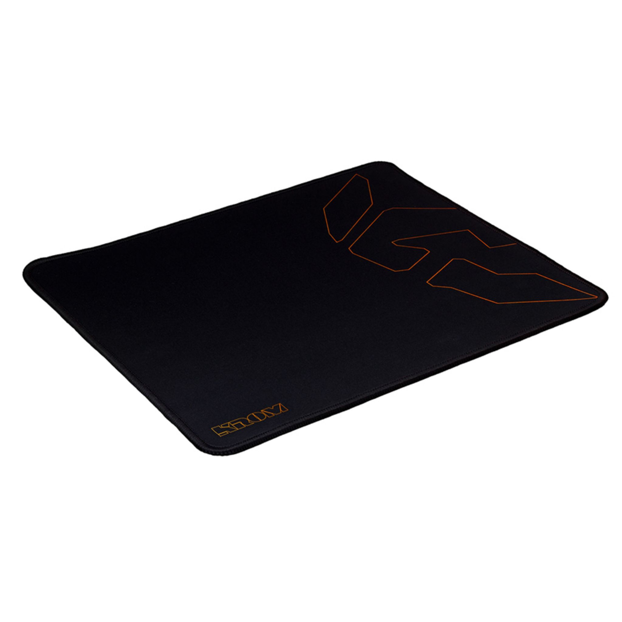 Alfombrilla de ratón negra con un logotipo y texto naranja en la esquina inferior izquierda.