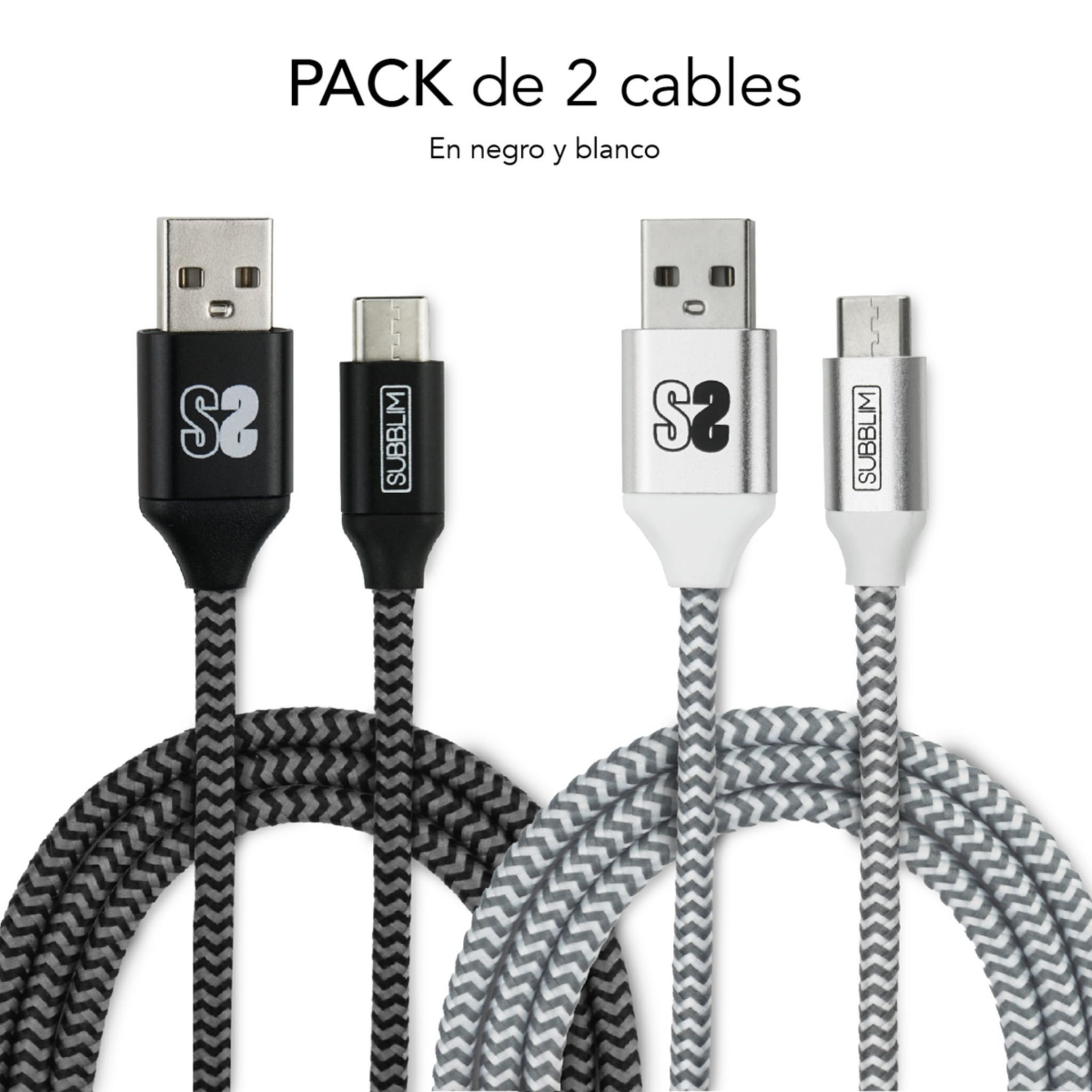 Dos cables USB, uno negro y otro blanco, con patrones en zigzag a juego.