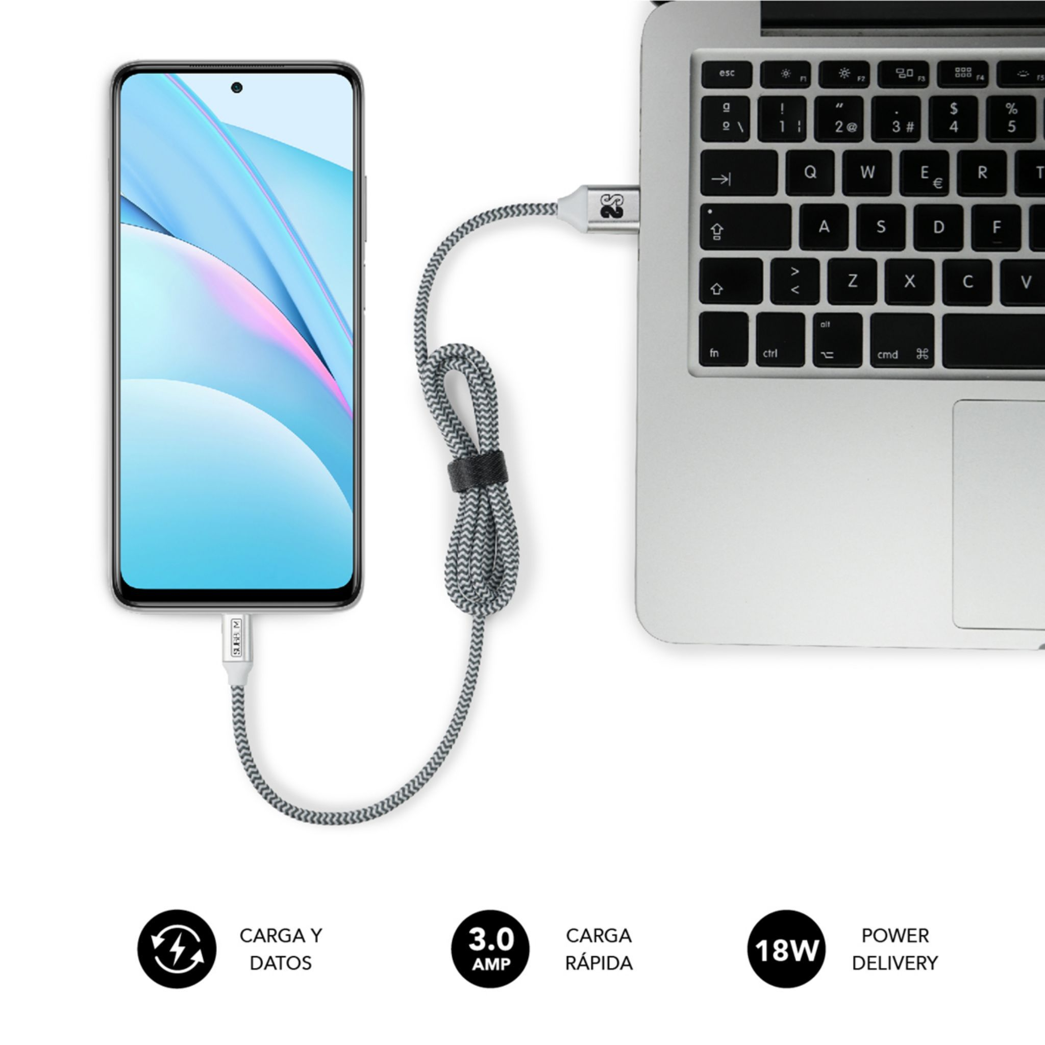 Un teléfono está conectado a un portátil con un cable, mostrando transferencia de datos y carga rápida.
