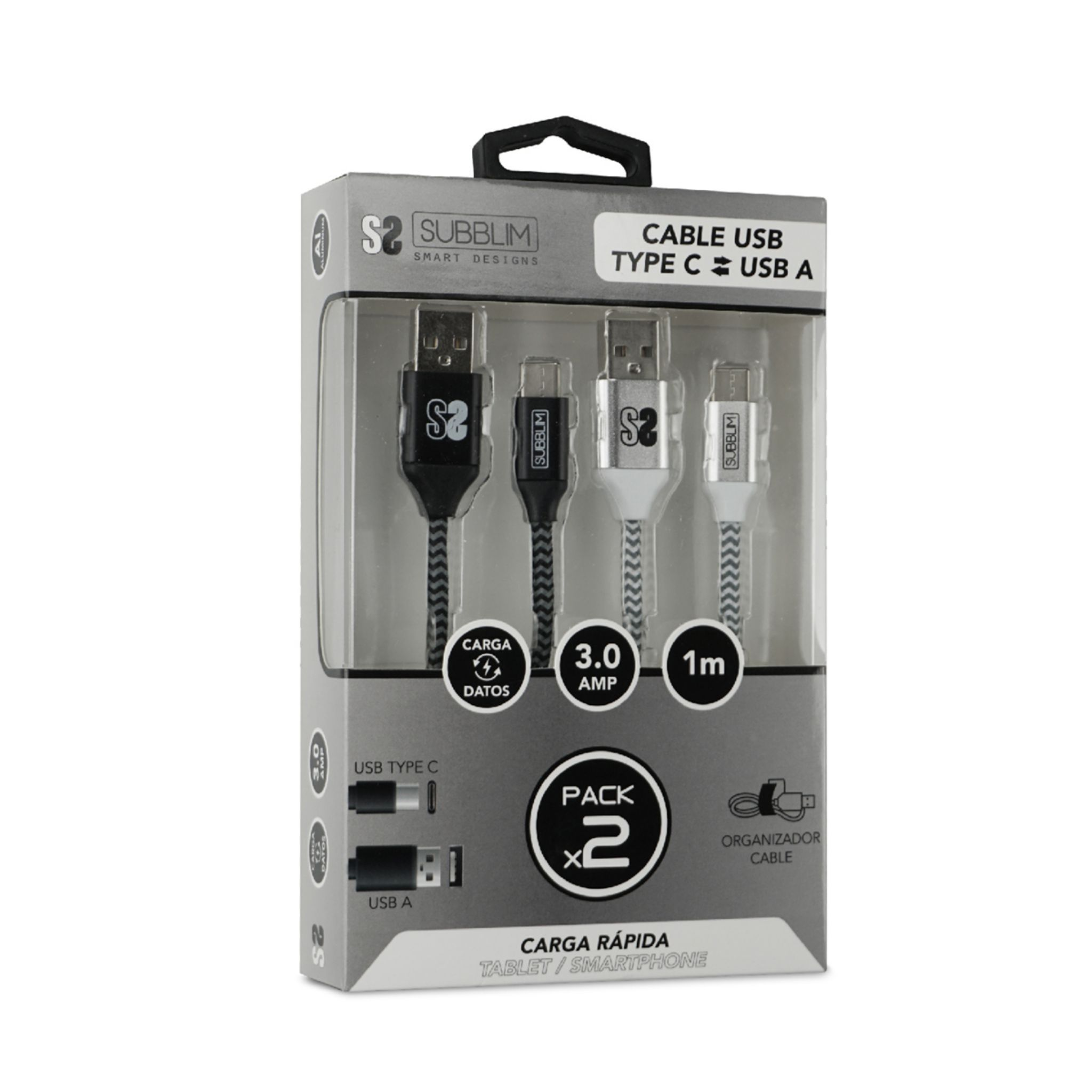 Un paquete transparente que contiene cables USB, etiquetado con datos y detalles de carga, y un organizador de cables.