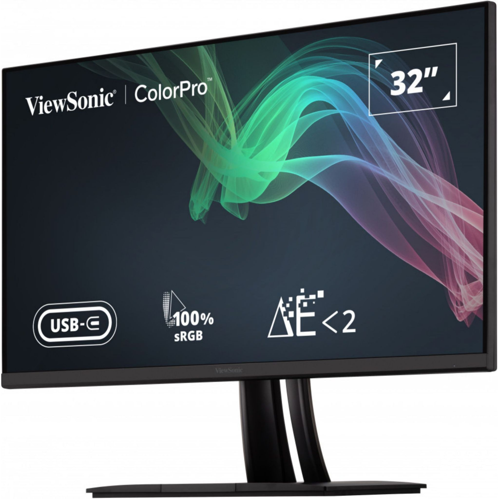 Monitor 32" ViewSonic, czarna ramka, z portem USB-C, ColorPro i innymi specyfikacjami.