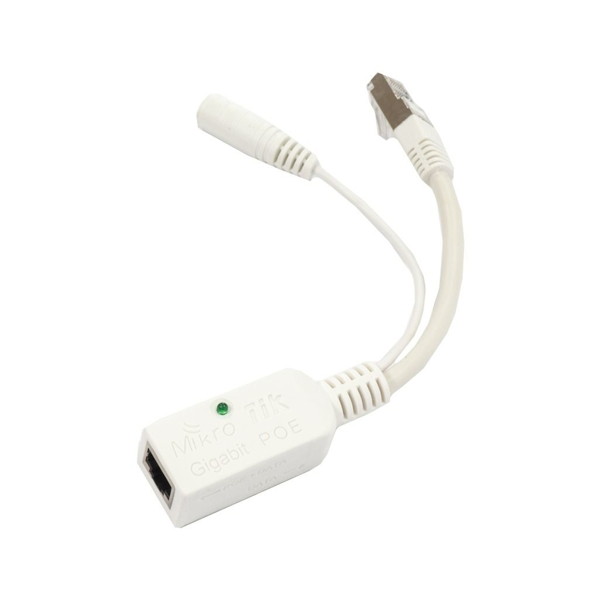 Adattatore POE Gigabit Mikrotik bianco con connettore RJ45 e CC. Sfondo bianco.