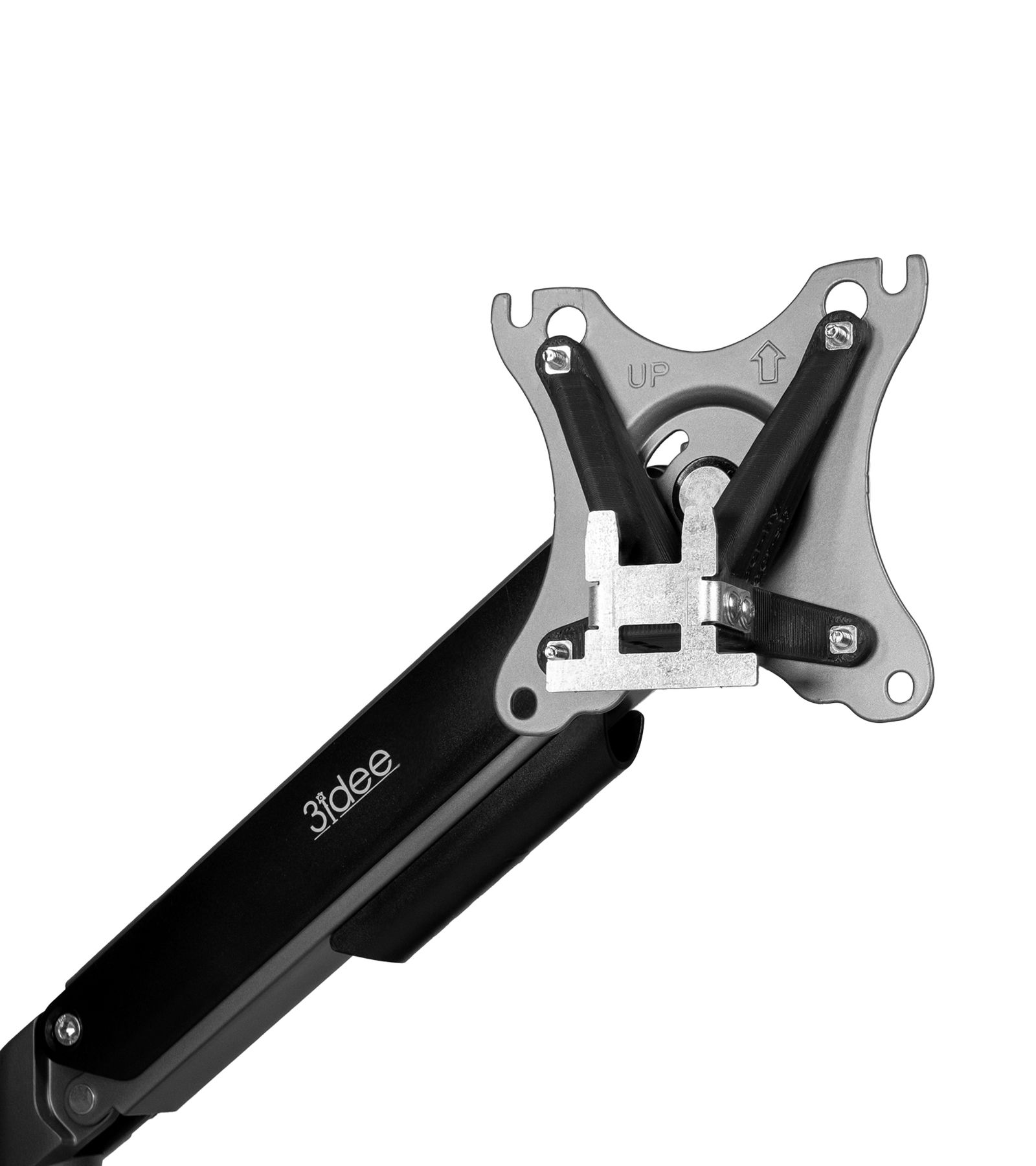 Monitorarmhalterung. Grau und schwarzes Metall mit weißem Hintergrund.