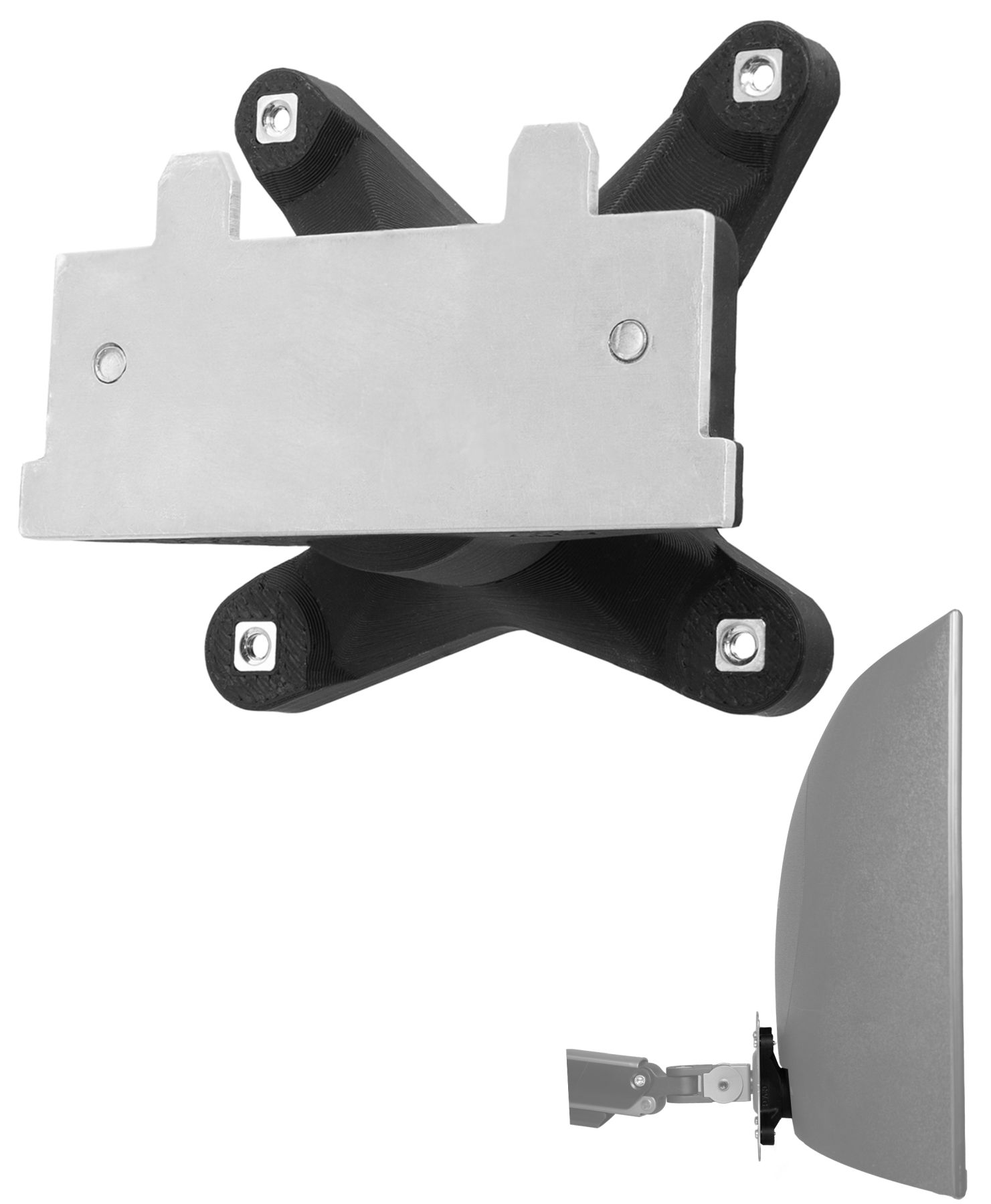 TV-Halterung in zwei Teilen. Einmal schwarz, einmal silber. Hardware zur Montage.