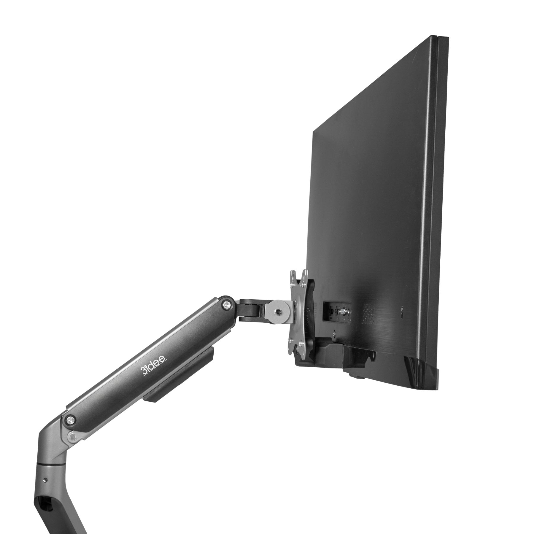 Ein Monitorarm, der einen Monitor hält, vor weißem Hintergrund positioniert.