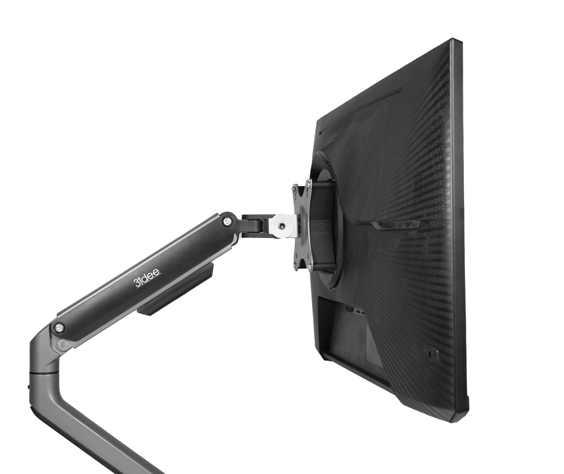 Monitor an einem Gelenkarm montiert, zeigt die Rückseite des Monitors.