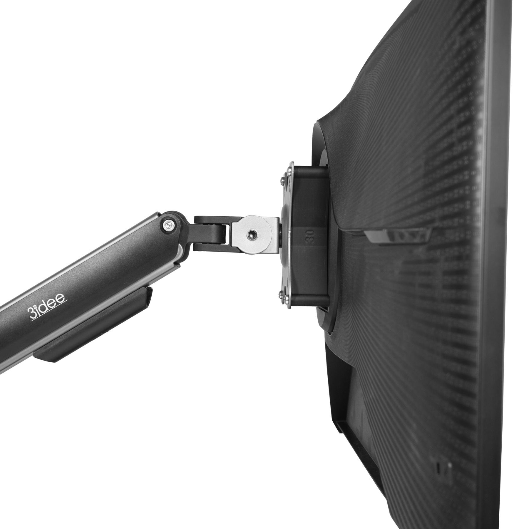 Ein Monitor ist an einem schwarz-silbernen Monitorarm montiert.