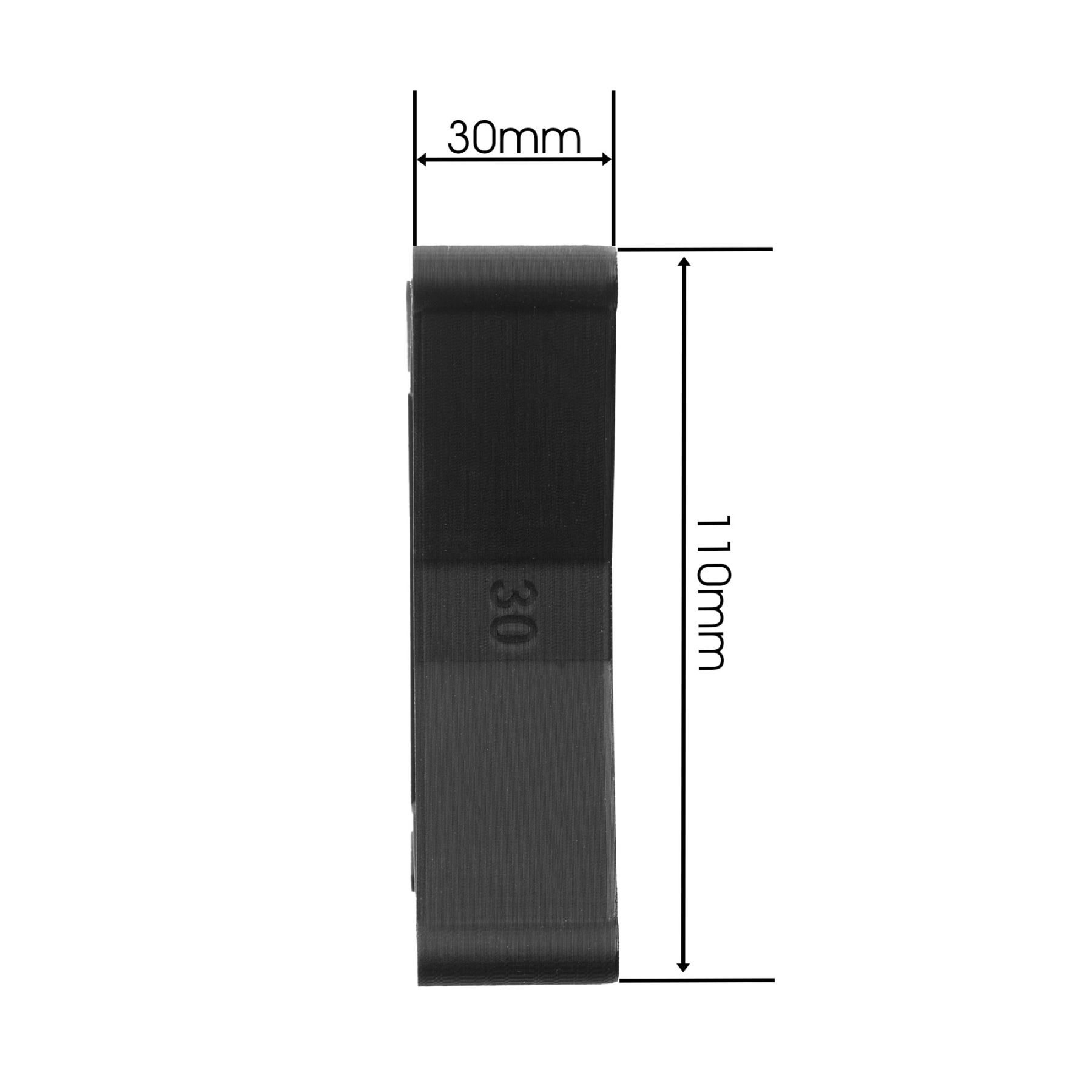 Schwarzer Kunststoffclip mit den Maßen: 30 mm x 110 mm.
