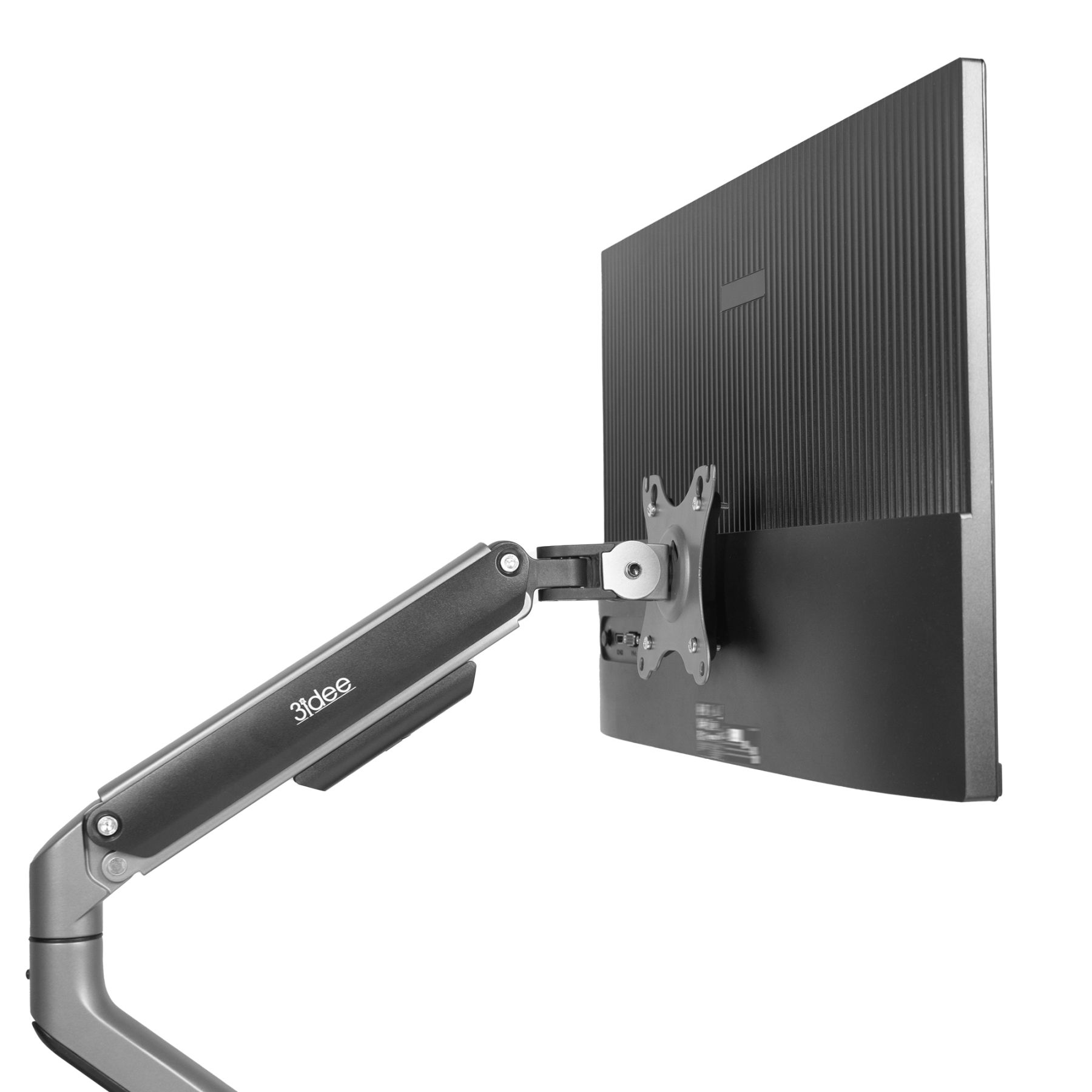Ein Monitor mit einem Standarm, mit einem grauen Arm und weißem Hintergrund.