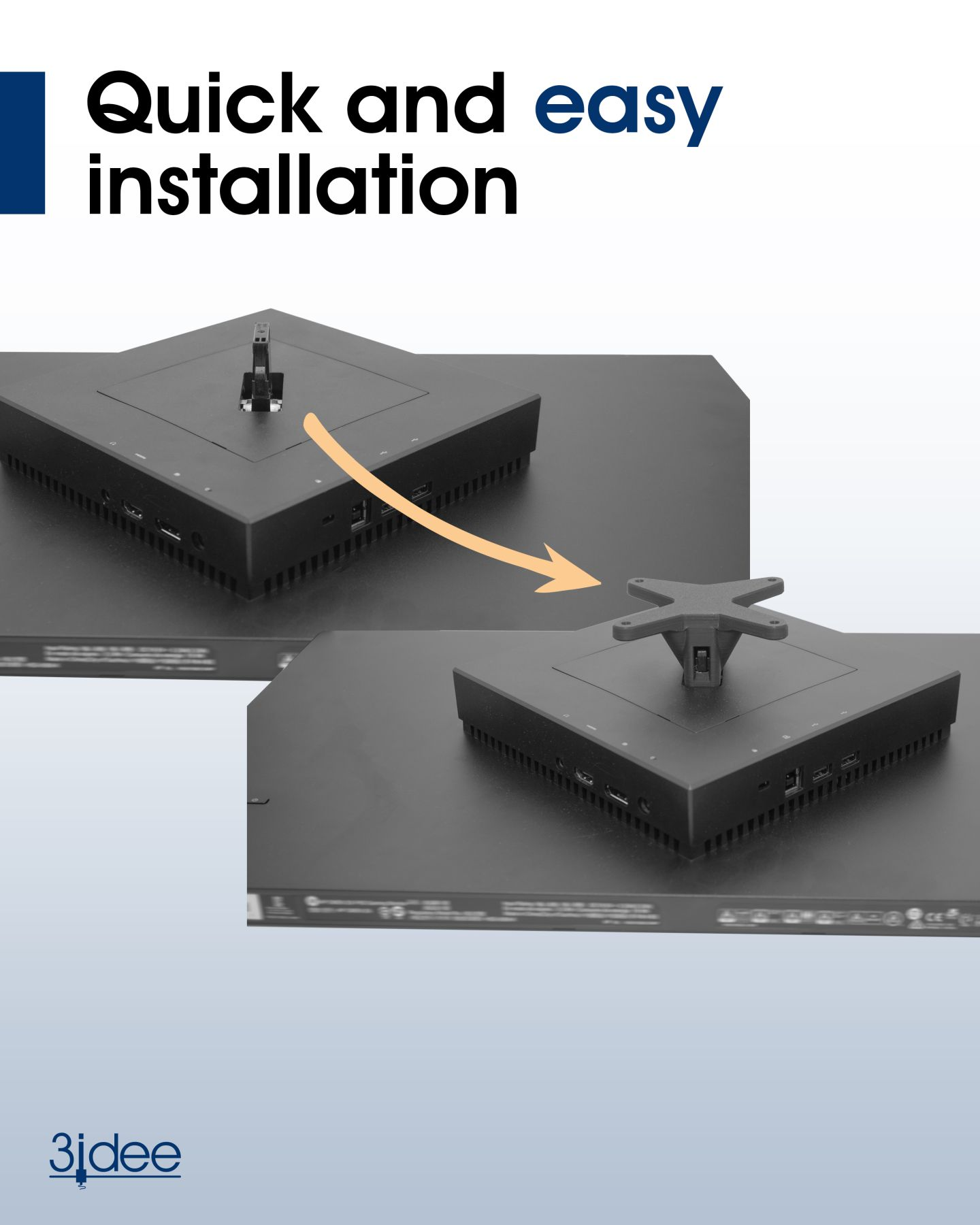 Zwei schwarze Monitorständer mit Textüberlagerung zur einfachen Installation.