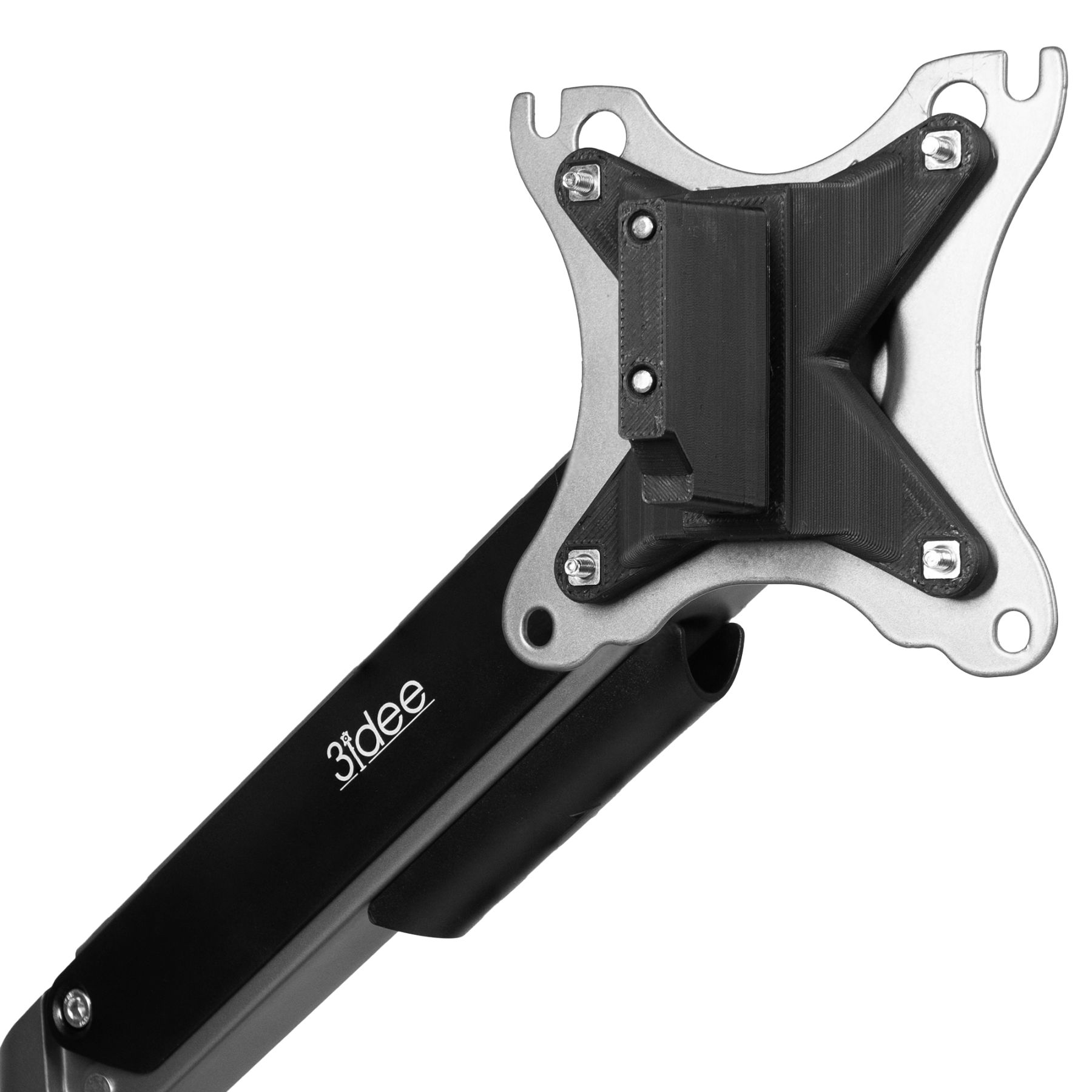 Eine Monitorarmhalterung. Der Metallarm ist silber und schwarz, mit dem 3idiee-Logo.