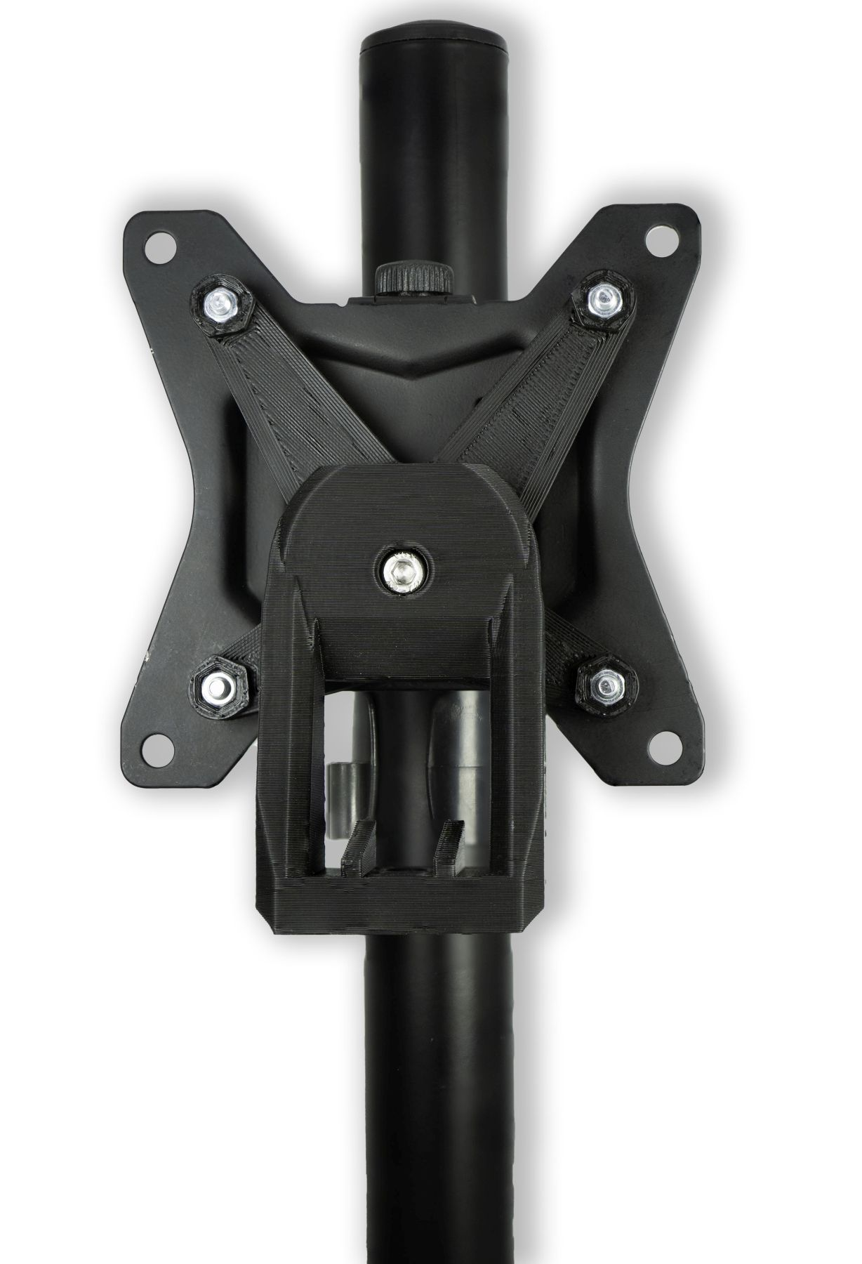 Schwarze Monitorhalterung, die den Montagemechanismus zeigt. Der Ständer ist schwarz und die Schrauben sind metallisch.