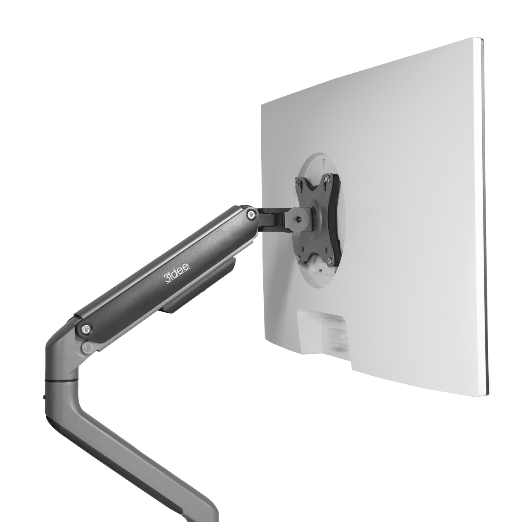 Ein Computermonitor mit einem Standarm, der mit der Rückseite verbunden ist.