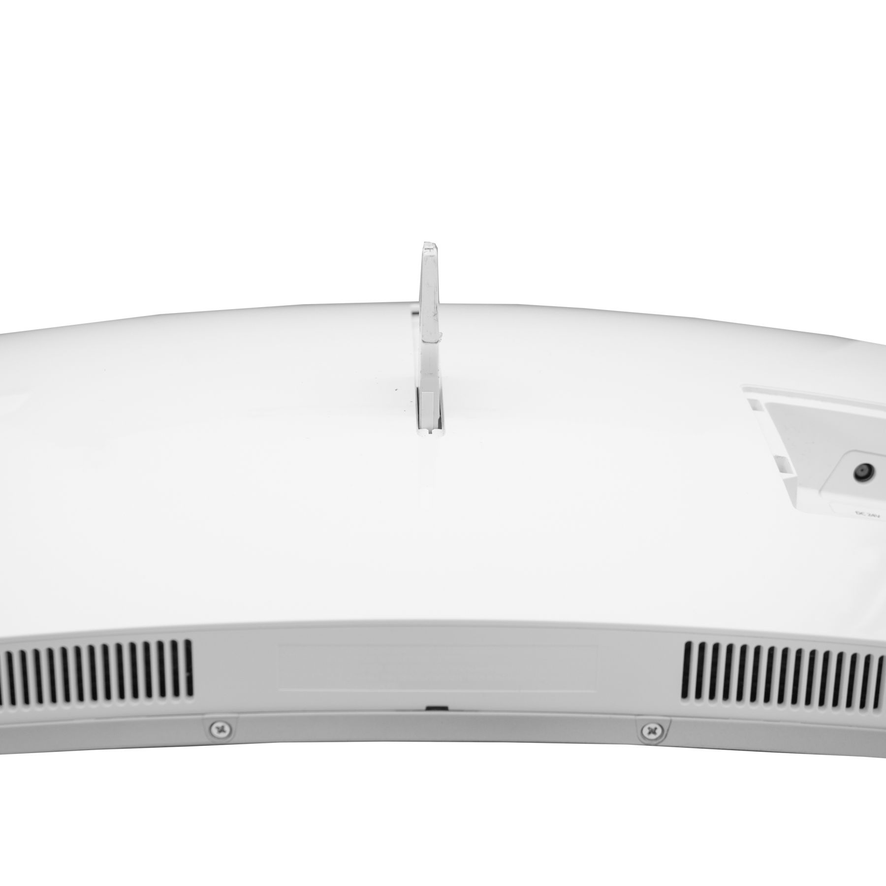 Weißer Monitor, gekrümmte Form, mit Lüftungsschlitzen unten.