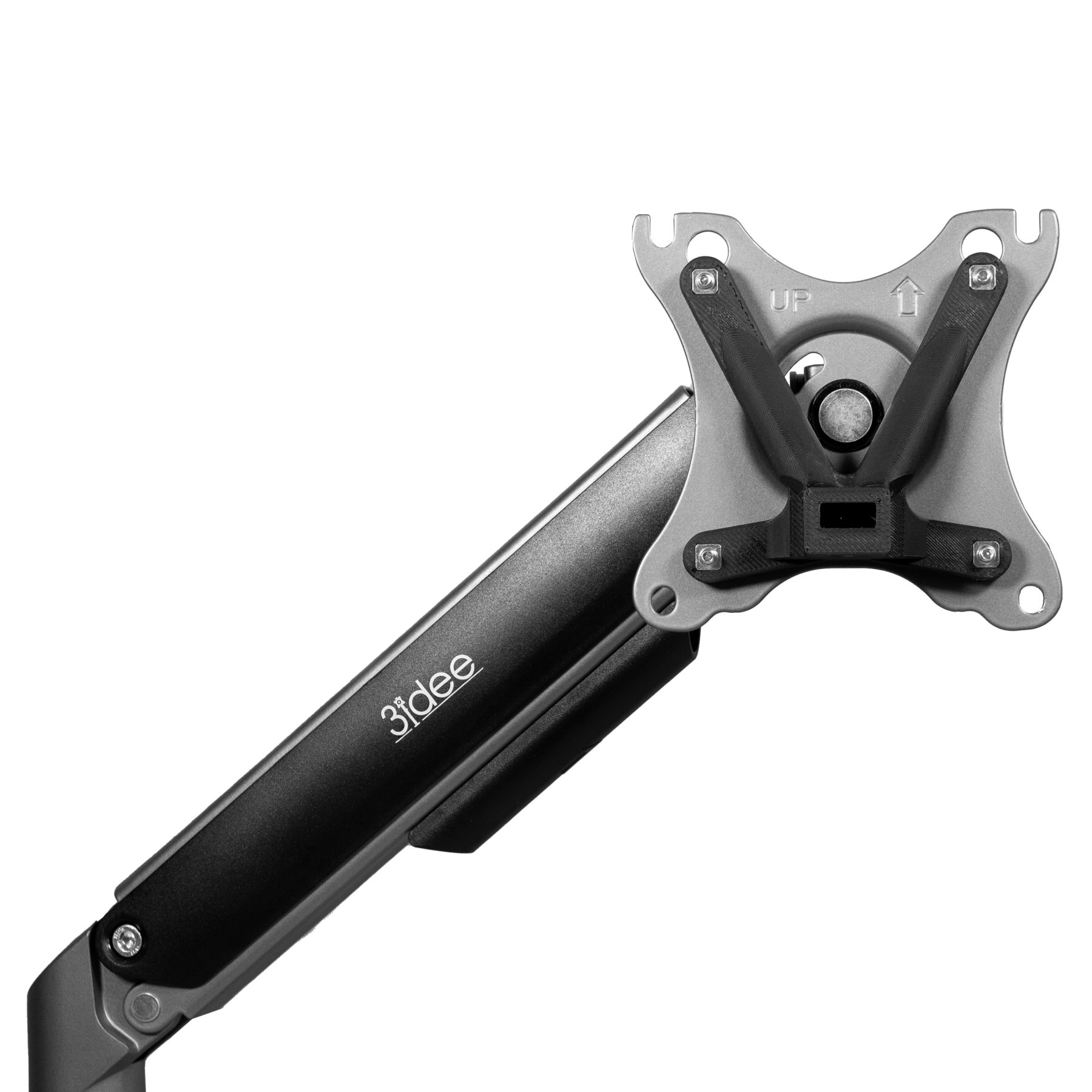 Ein silber-schwarzer Monitorarm mit Halterung. Der Arm hat ein 3ideee-Logo.