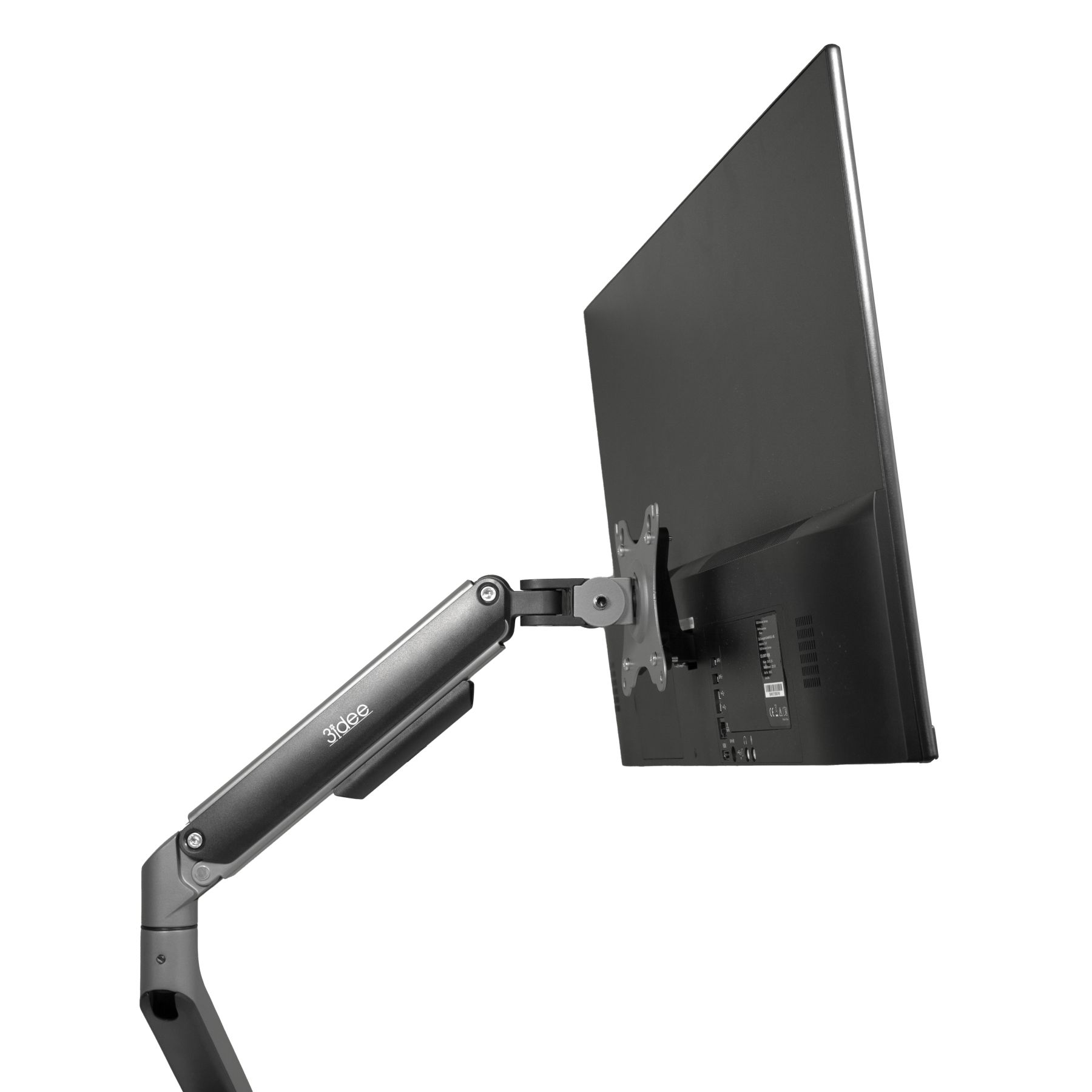 Ein Computermonitor, montiert auf einem grauen Arm. Der Monitor ist schwarz, der Hintergrund weiß.